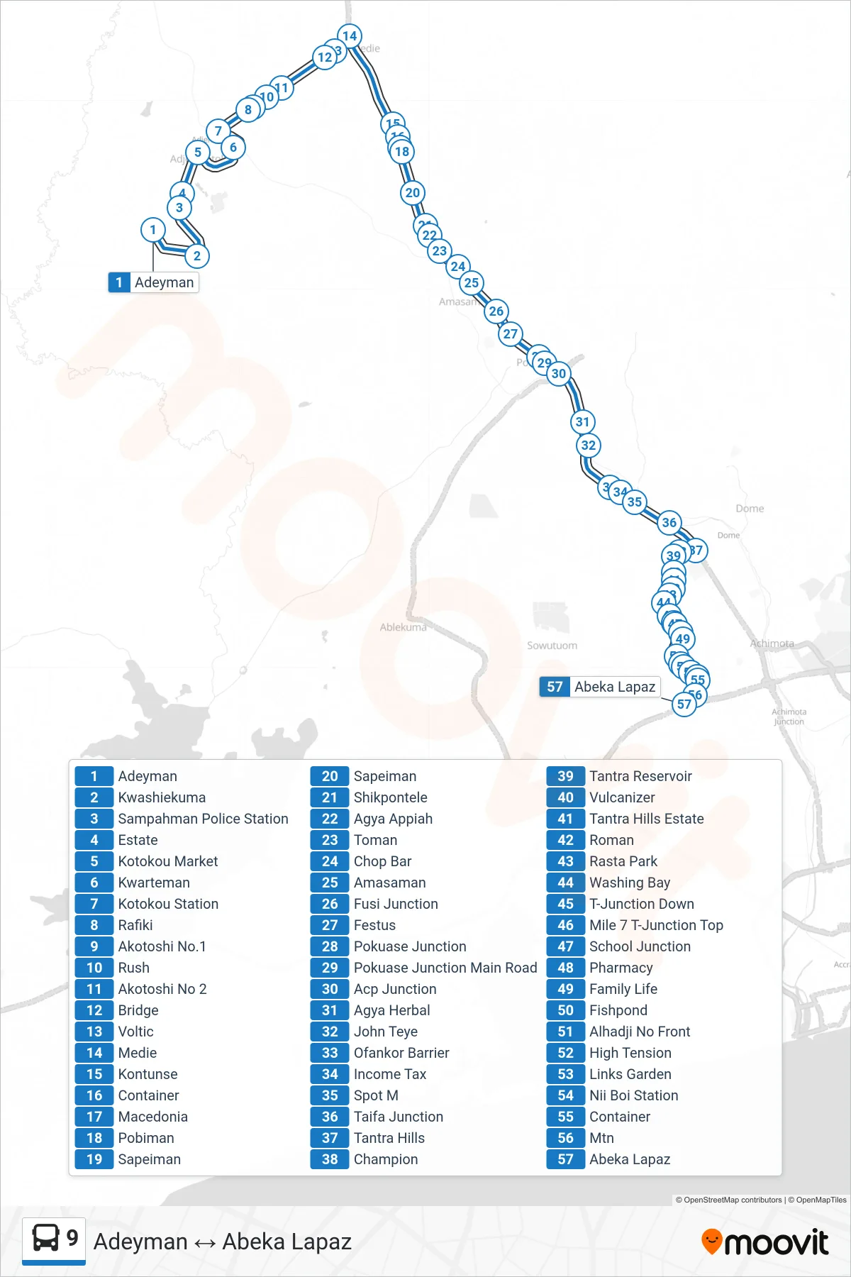 9 bus Line (Abeka Lapaz) route and stops on a map