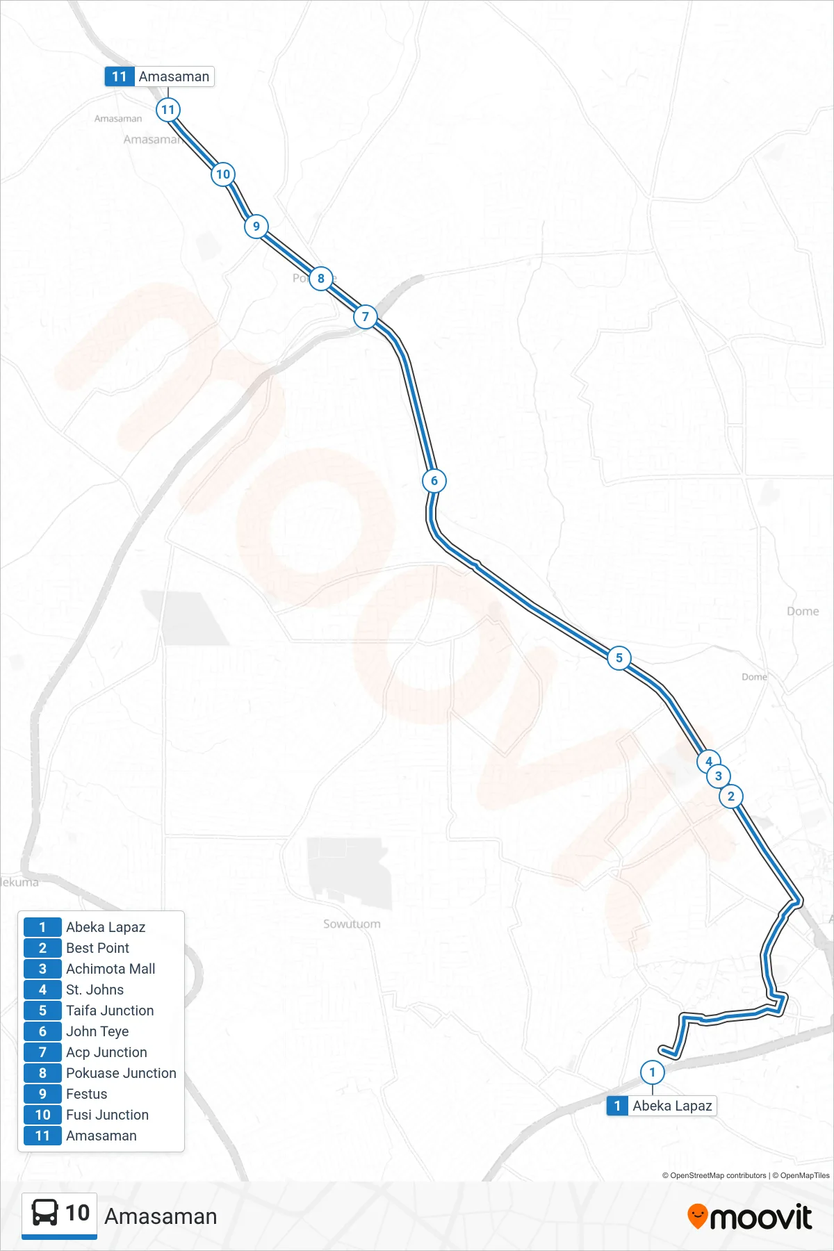 10 bus Line (Amasaman) route and stops on a map