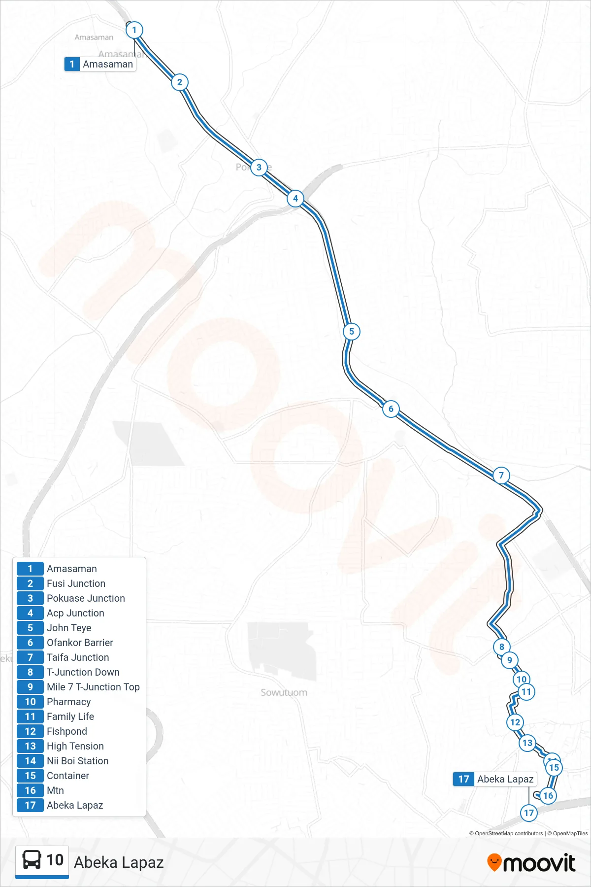 10 bus Line (Abeka Lapaz) route and stops on a map
