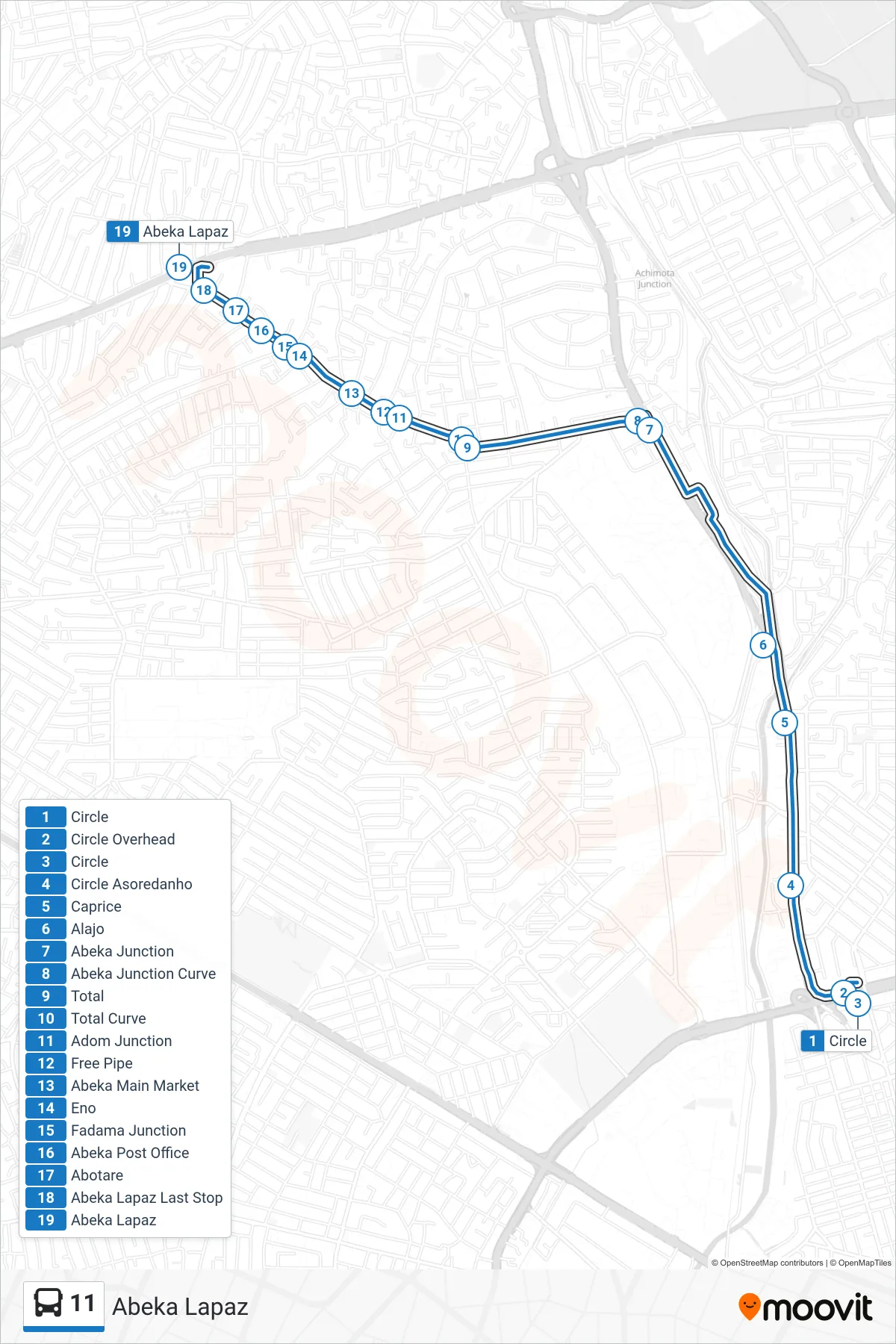 11 bus Line (Abeka Lapaz) route and stops on a map