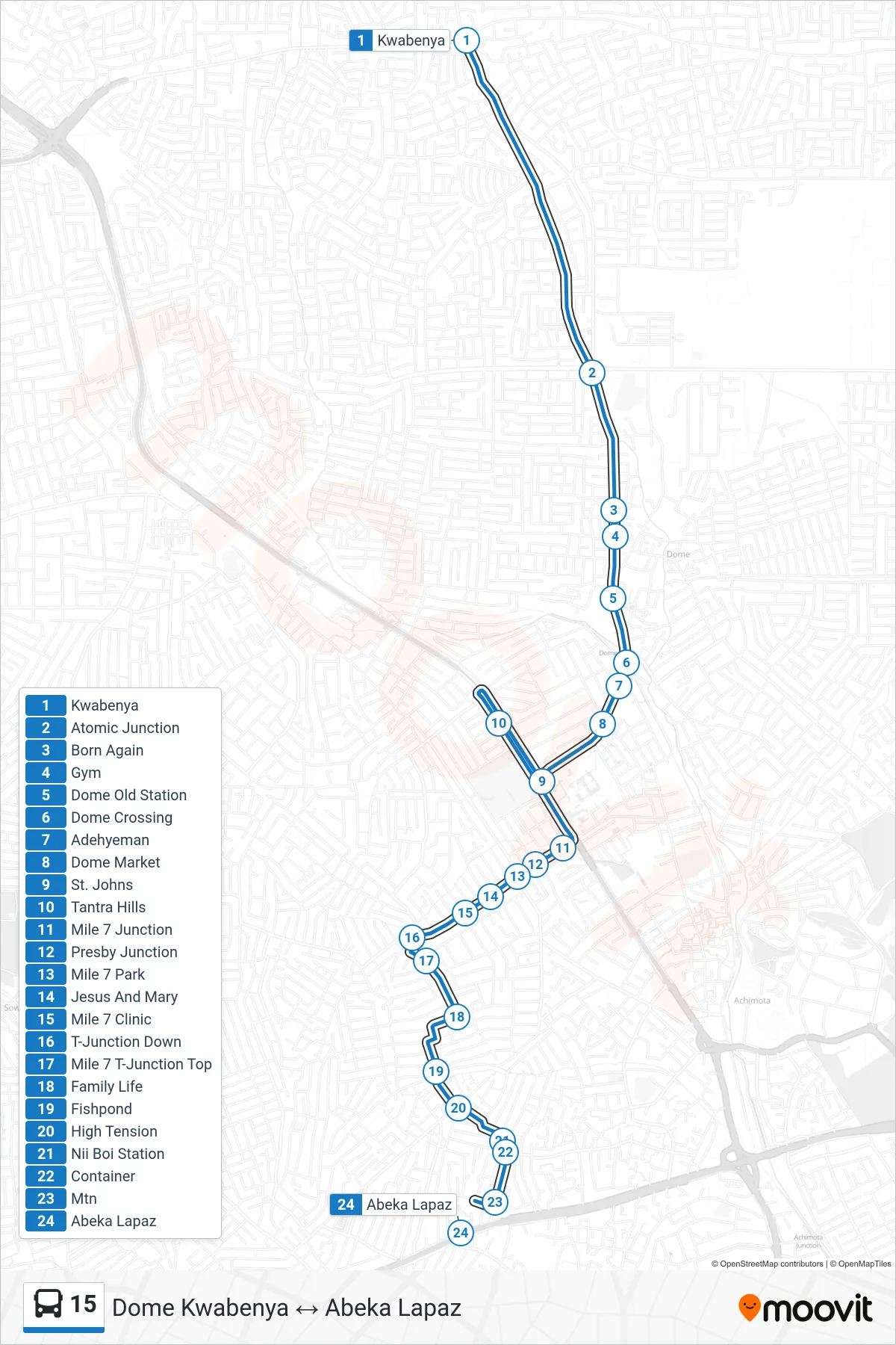 15 bus Line (Abeka Lapaz) route and stops on a map