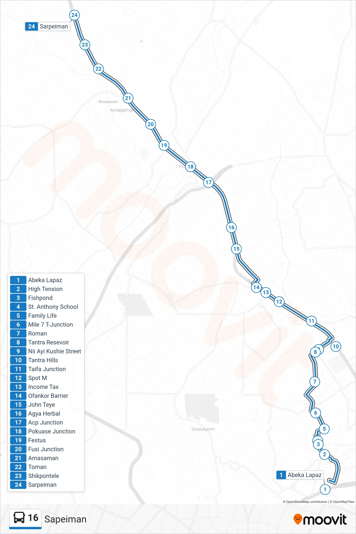 16 bus Line (Sapeiman) route and stops on a map