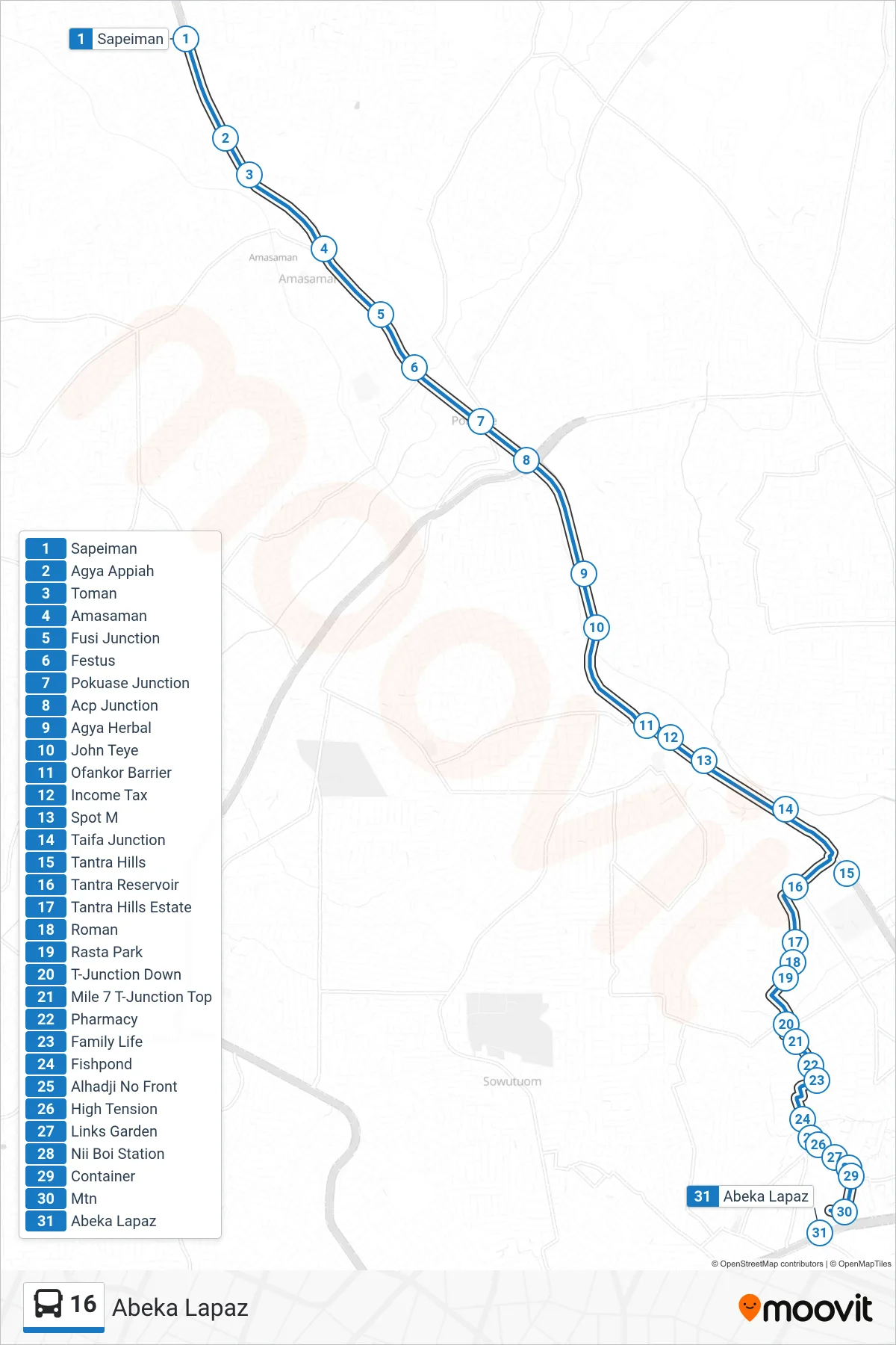 16 bus Line (Abeka Lapaz) route and stops on a map