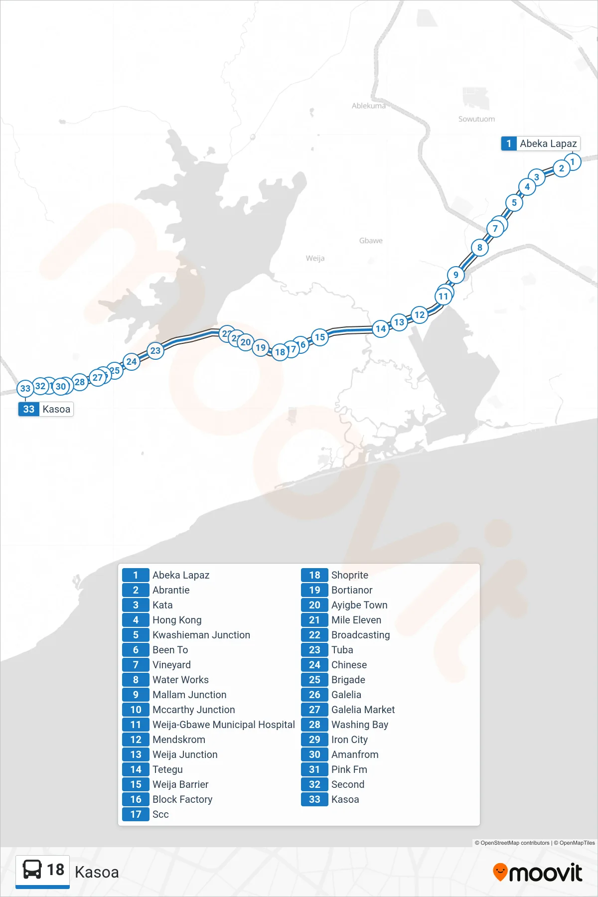 18 bus Line (Kasoa) route and stops on a map