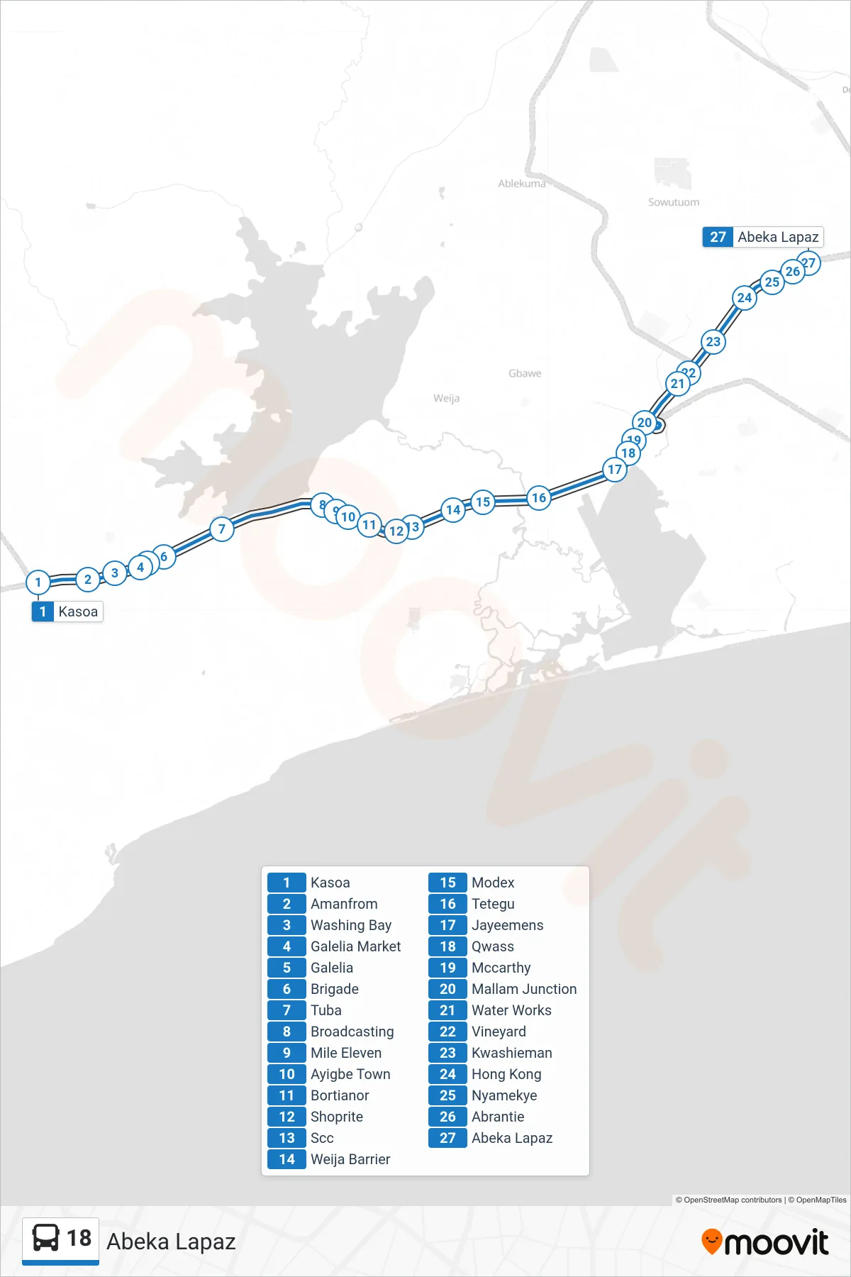 18 bus Line (Abeka Lapaz) route and stops on a map