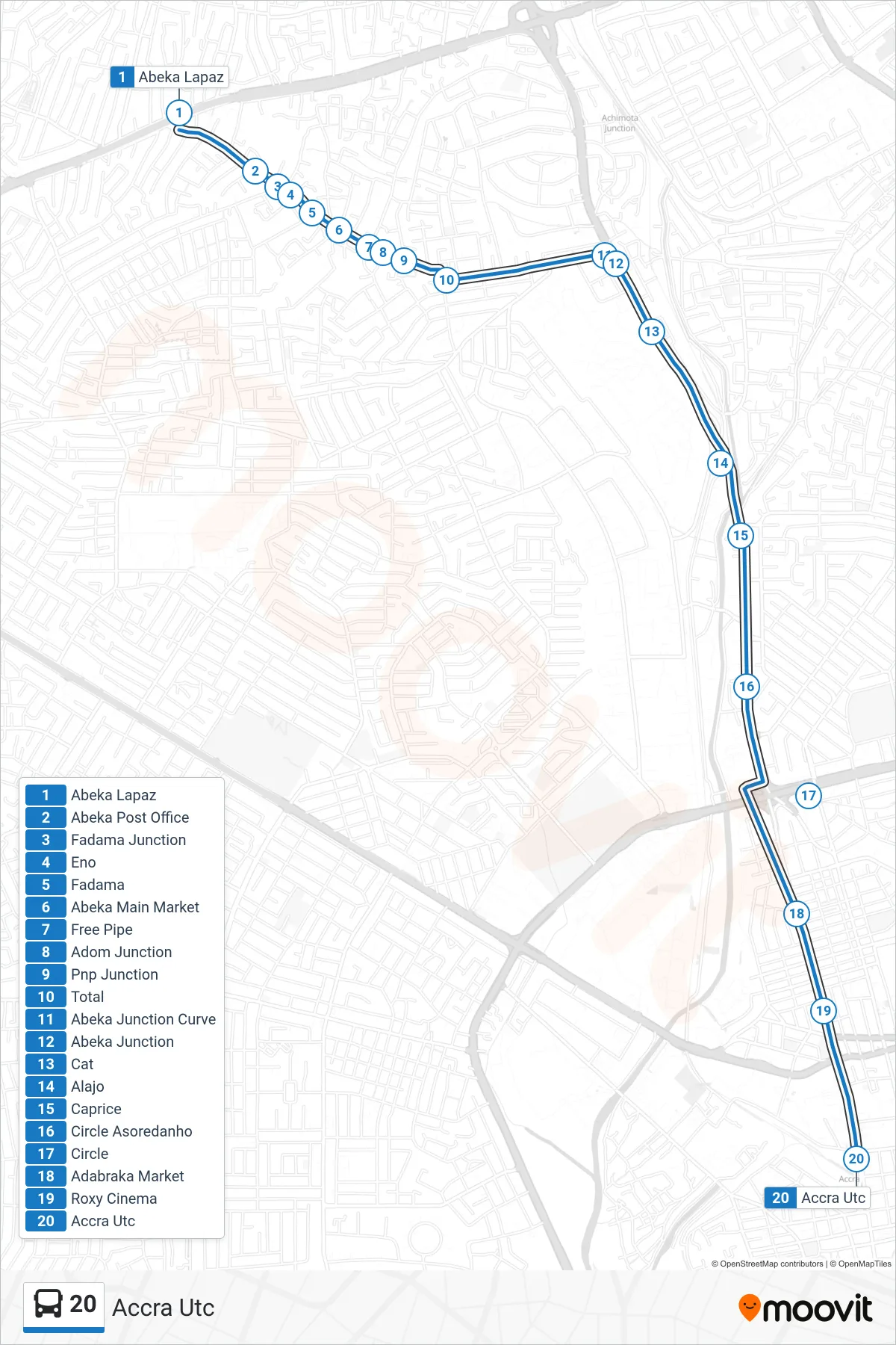 20 bus Line (Accra Utc) route and stops on a map