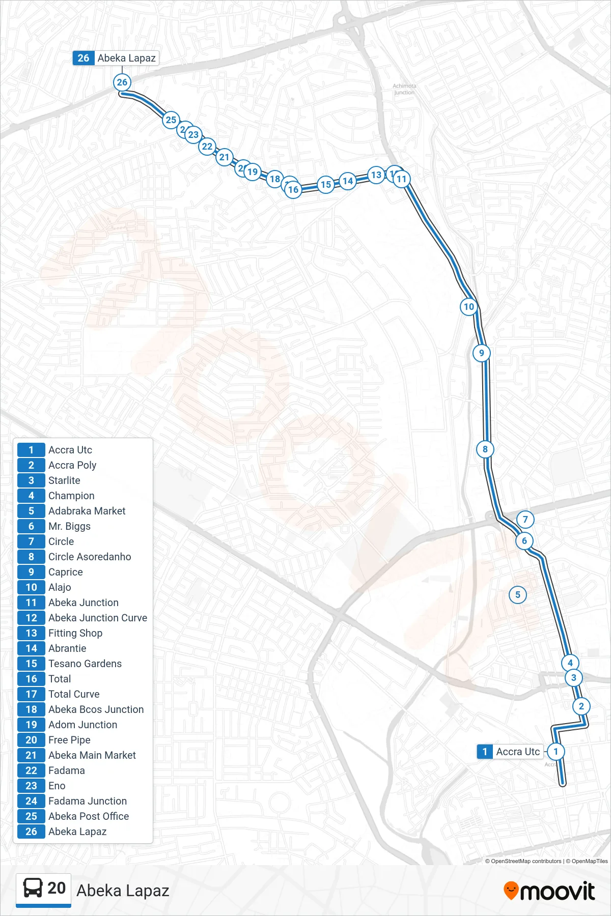 20 bus Line (Abeka Lapaz) route and stops on a map