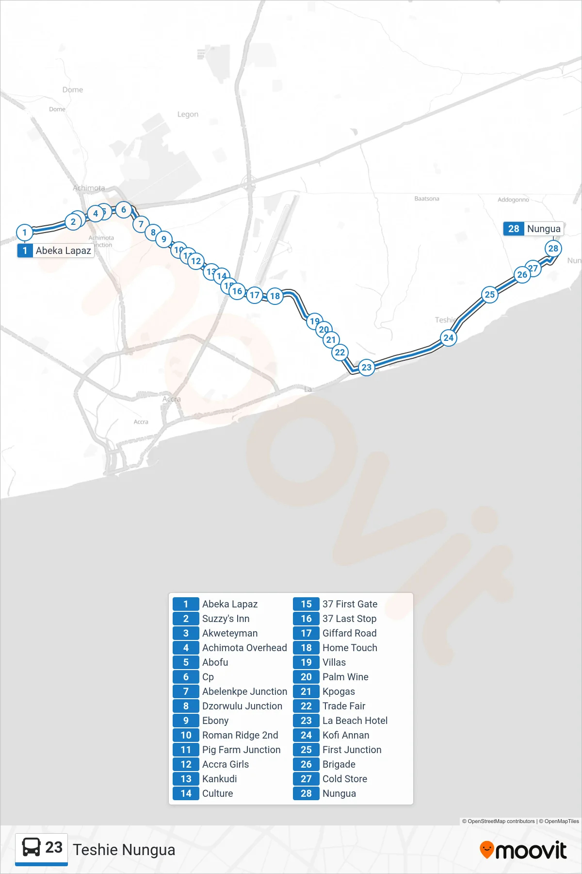 23 bus Line (Teshie Nungua) route and stops on a map