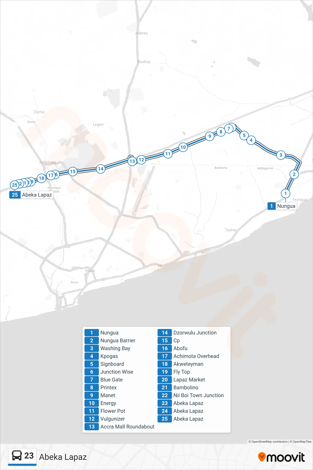 23 bus Line (Abeka Lapaz) route and stops on a map
