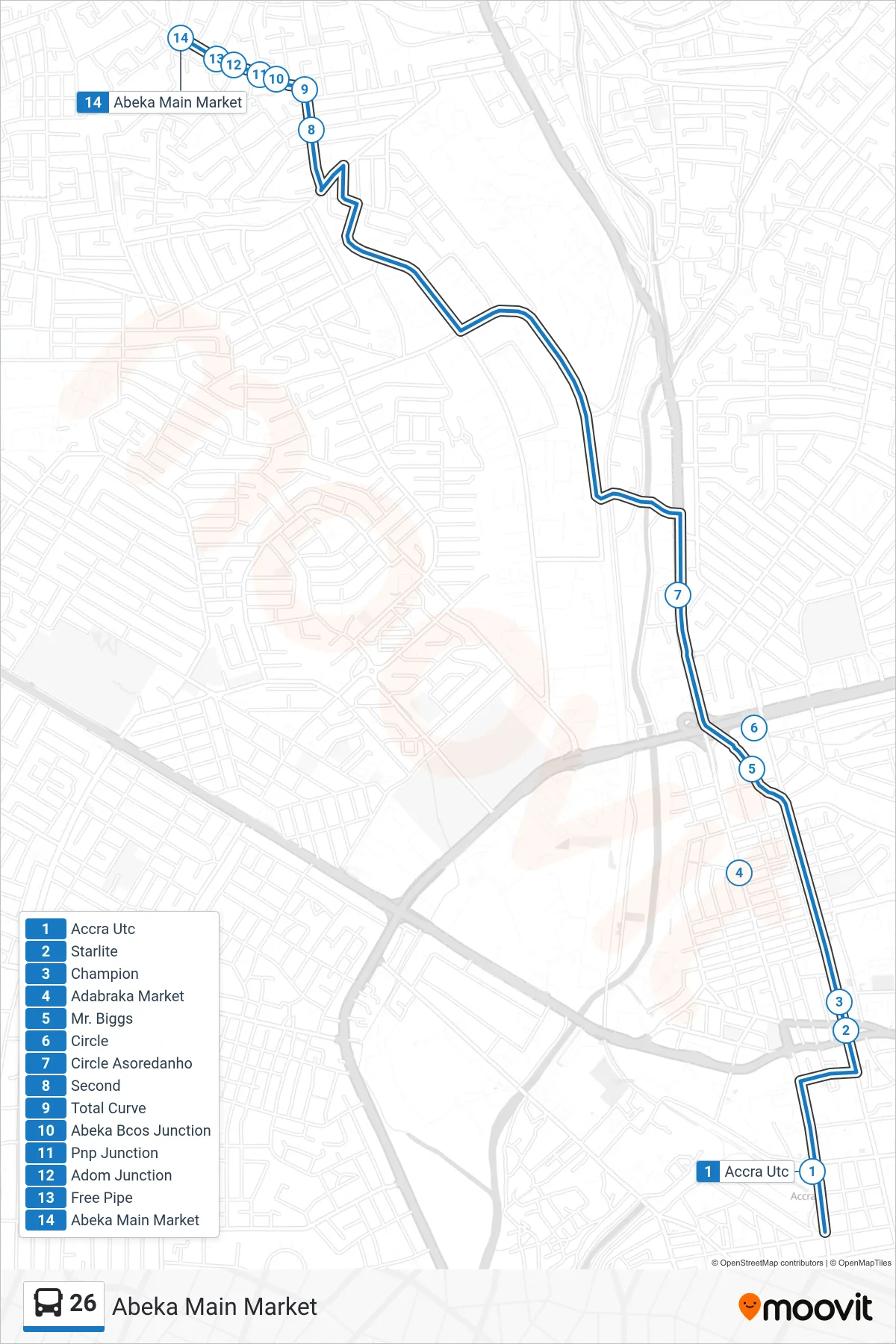 26 bus Line (Abeka Main Market) route and stops on a map
