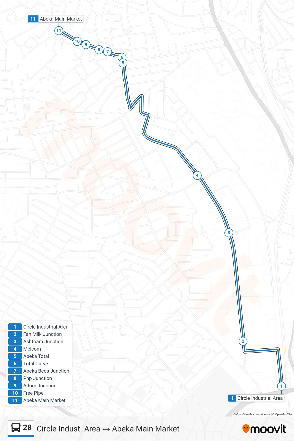 28 bus Line (Abeka Main Market) route and stops on a map