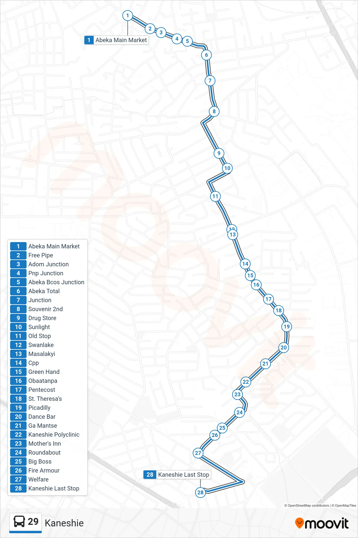 29 bus Line (Kaneshie) route and stops on a map