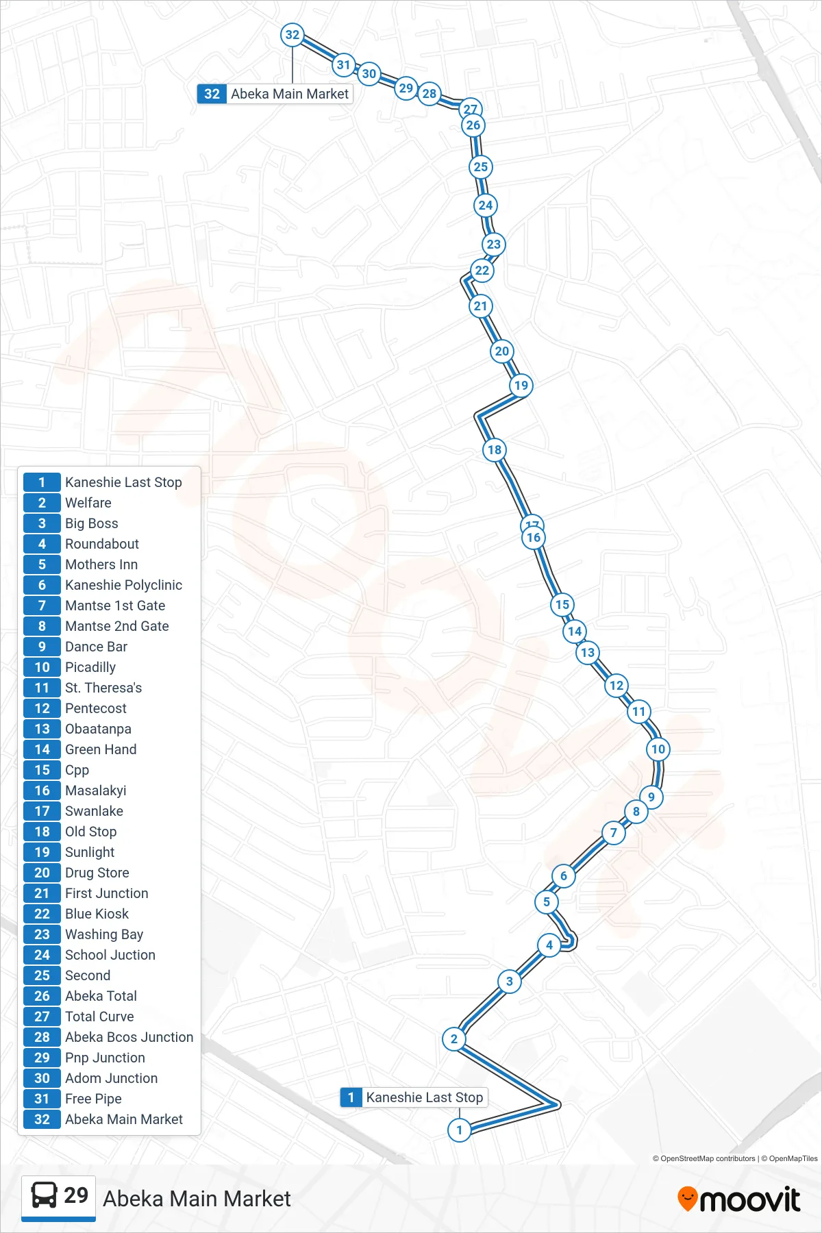 29 bus Line (Abeka Main Market) route and stops on a map