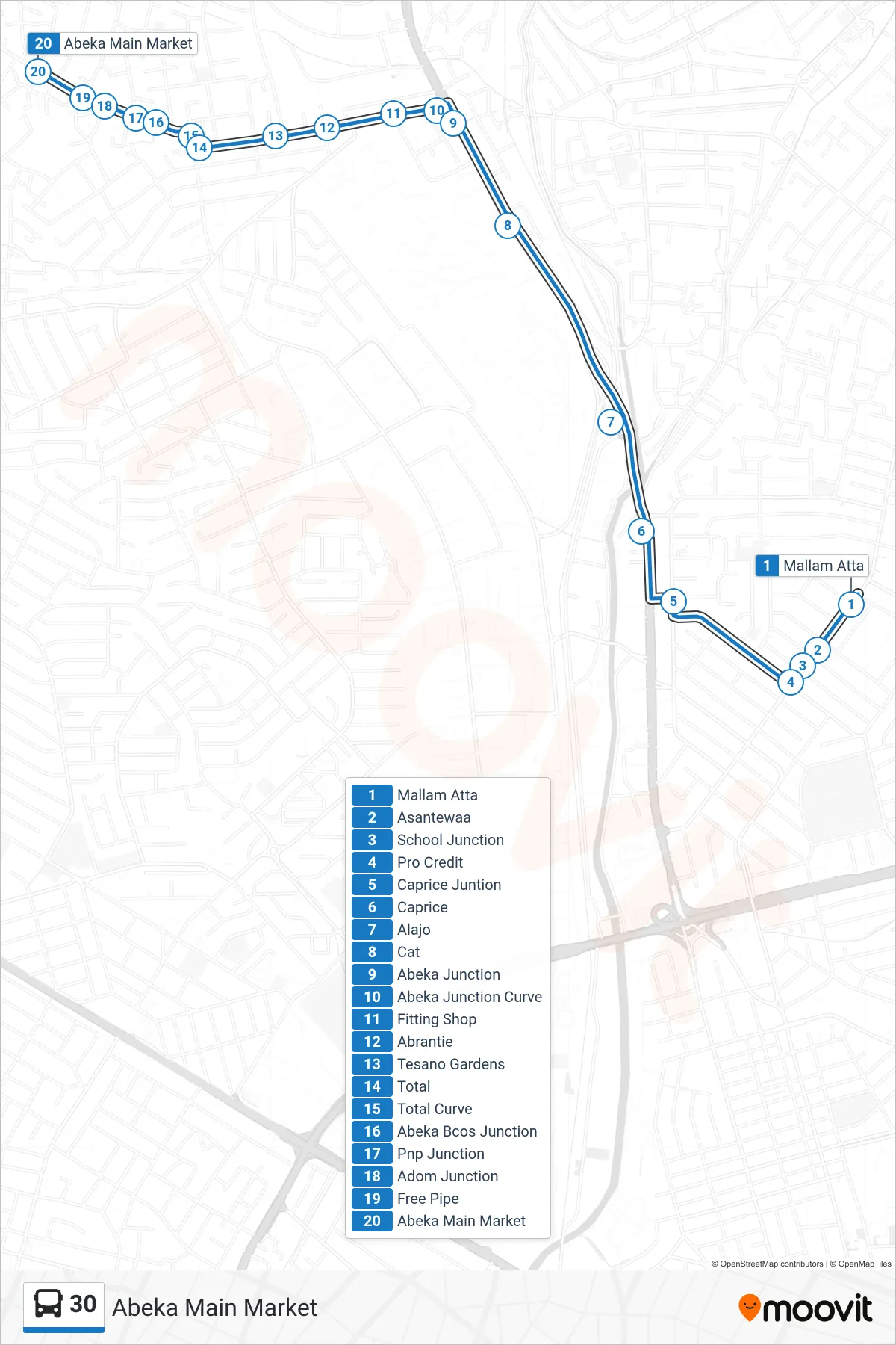 30 bus Line (Abeka Main Market) route and stops on a map