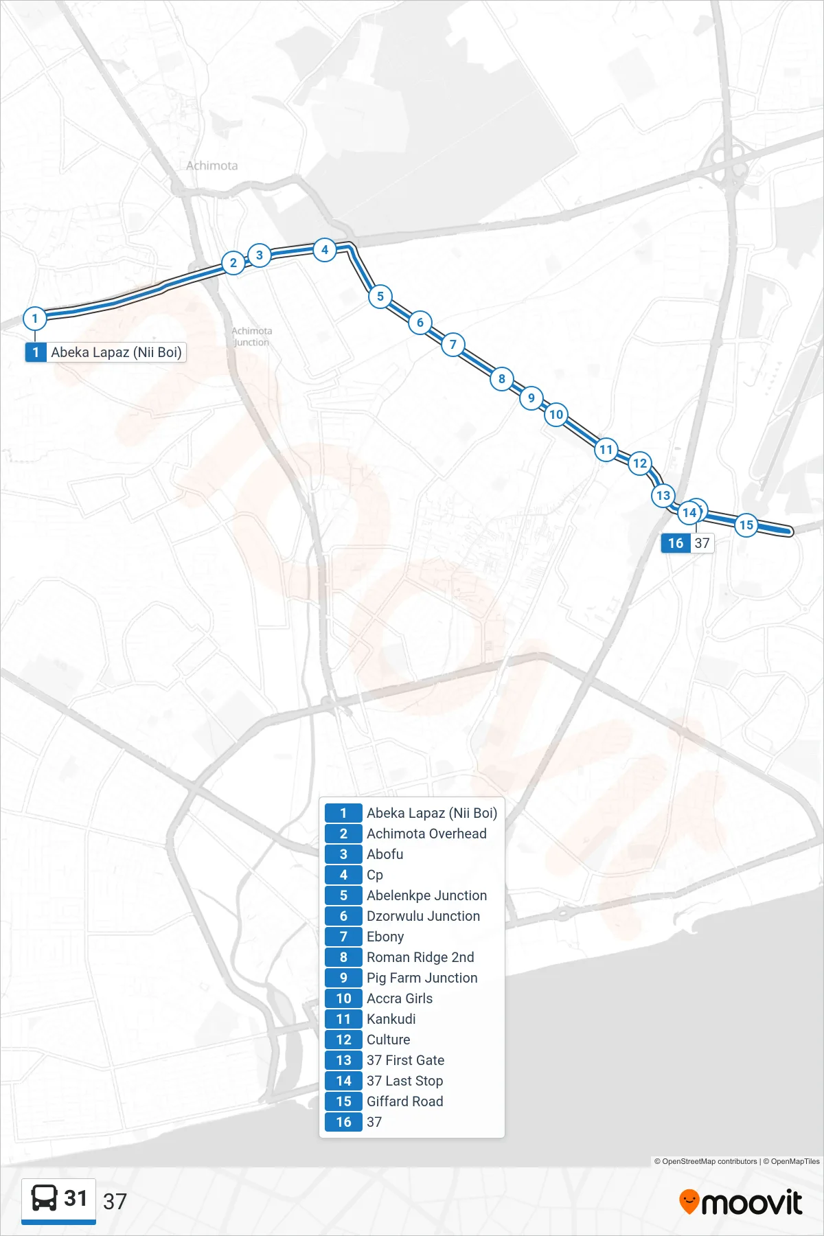 31 bus Line (37) route and stops on a map
