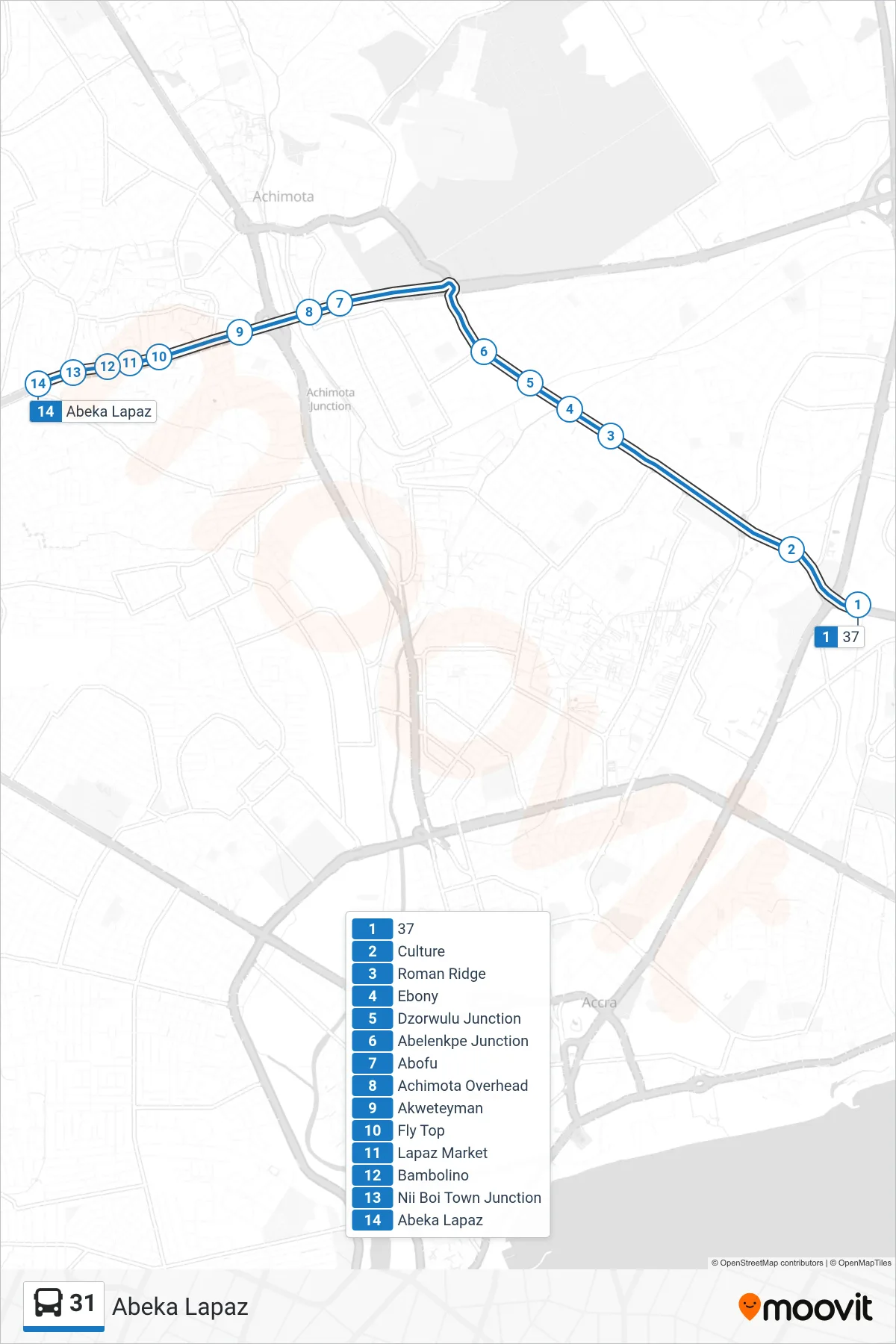 31 bus Line (Abeka Lapaz) route and stops on a map