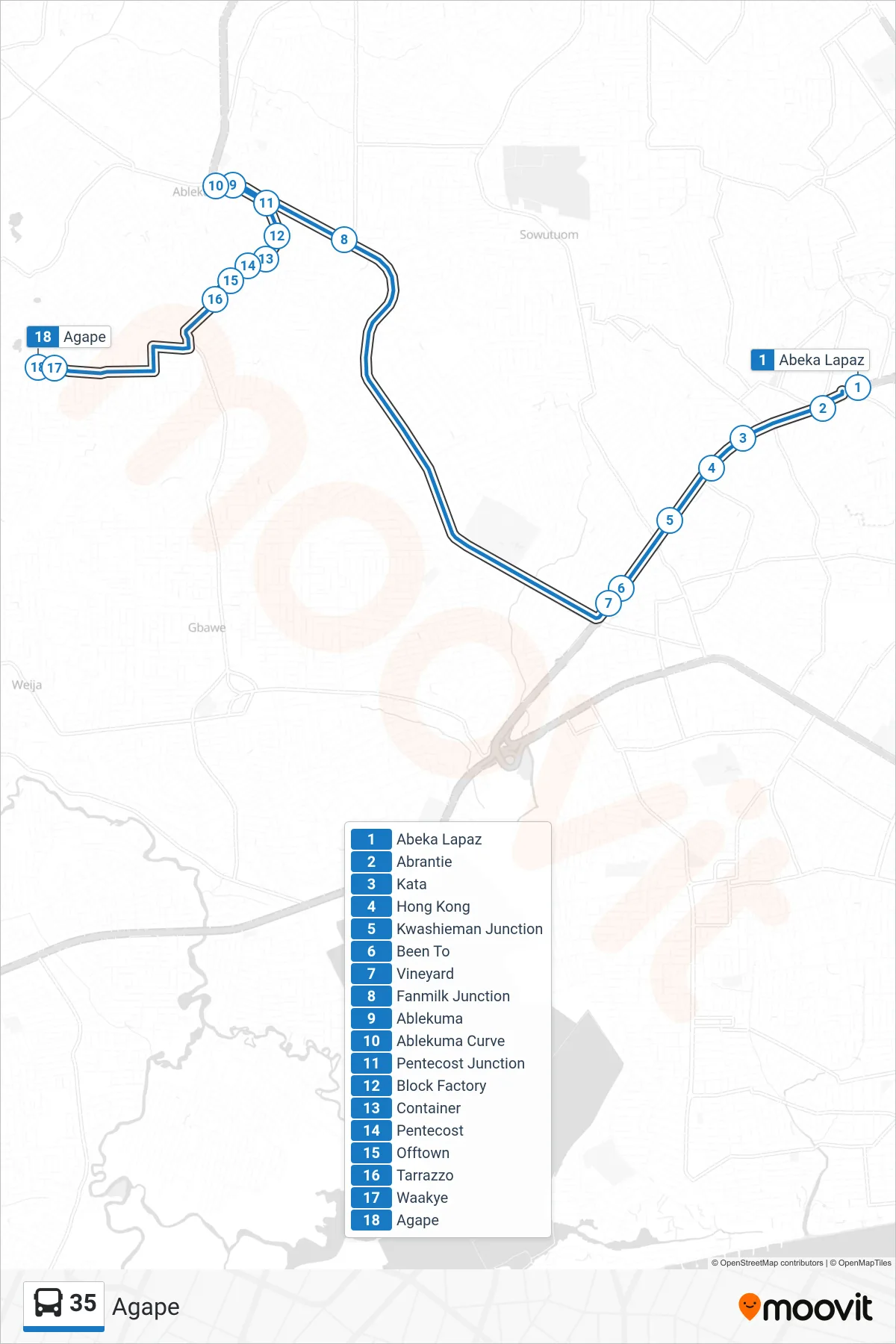 35 bus Line (Agape) route and stops on a map