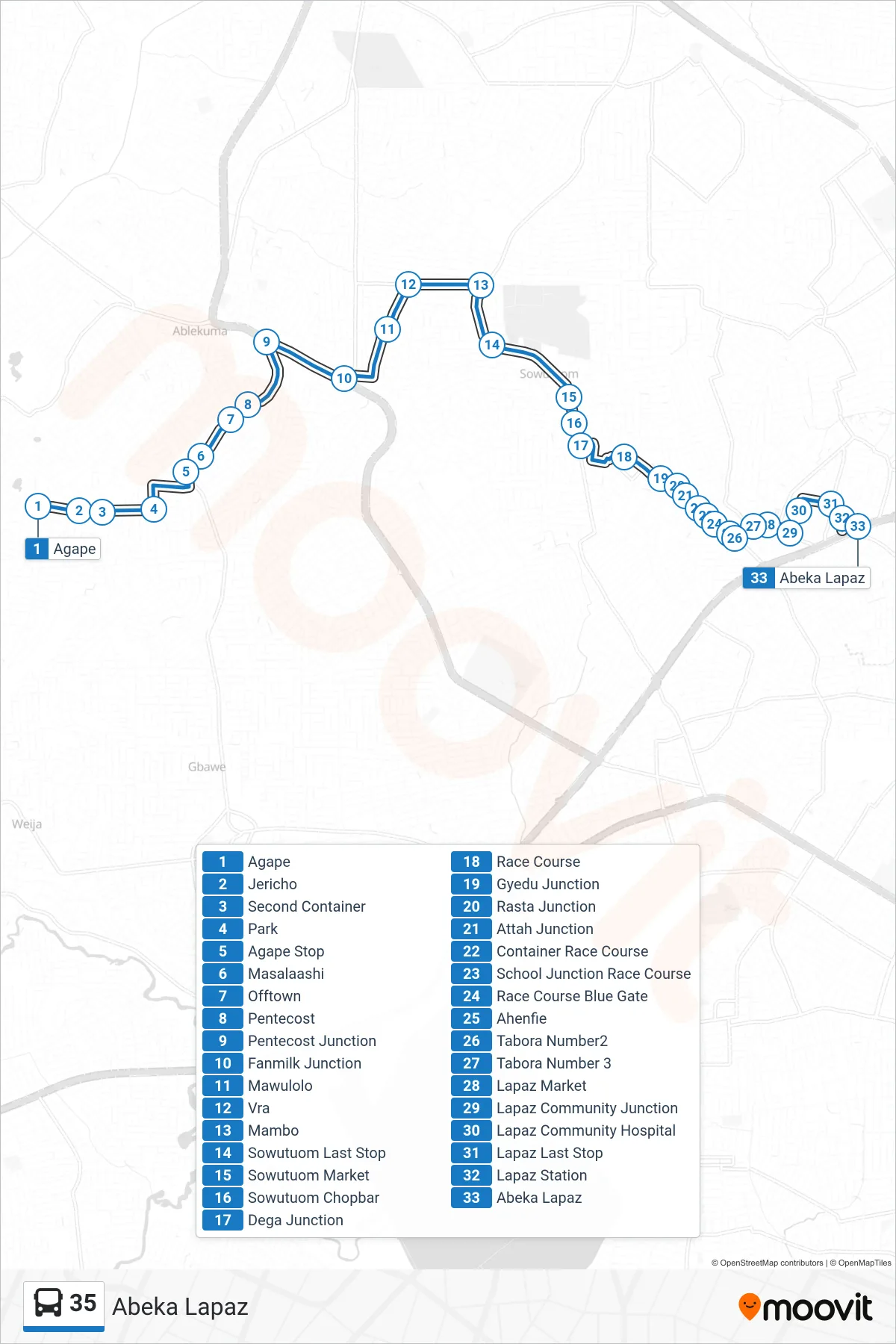35 bus Line (Abeka Lapaz) route and stops on a map