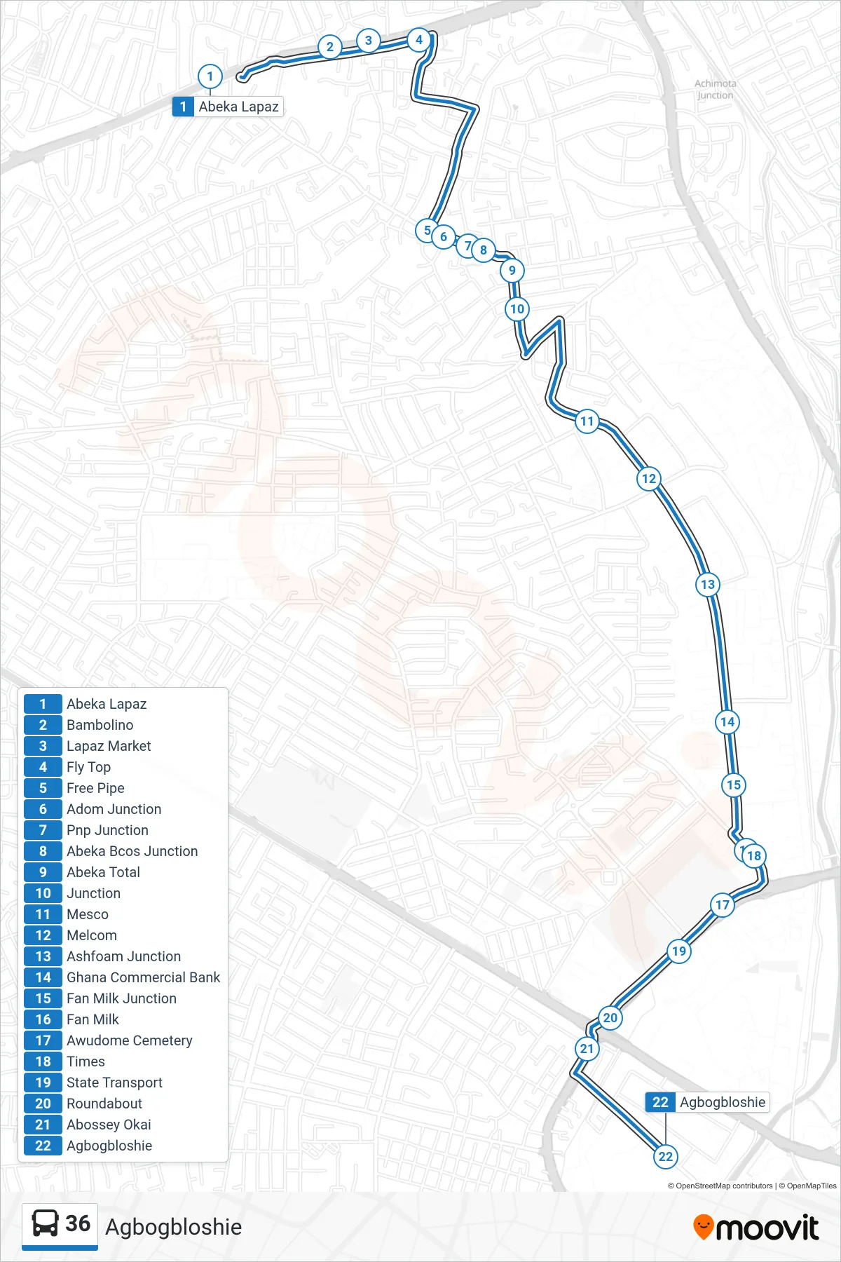 36 bus Line (Agbogbloshie) route and stops on a map