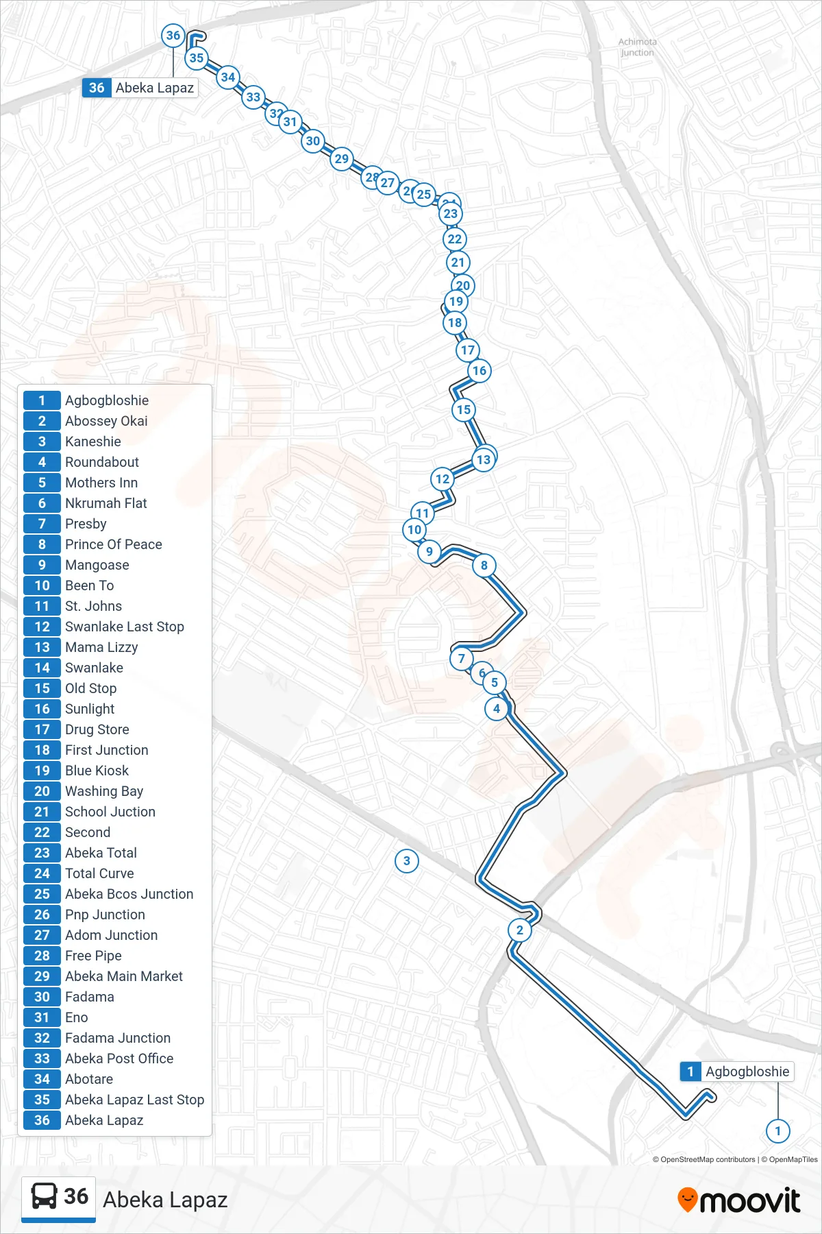 36 bus Line (Abeka Lapaz) route and stops on a map