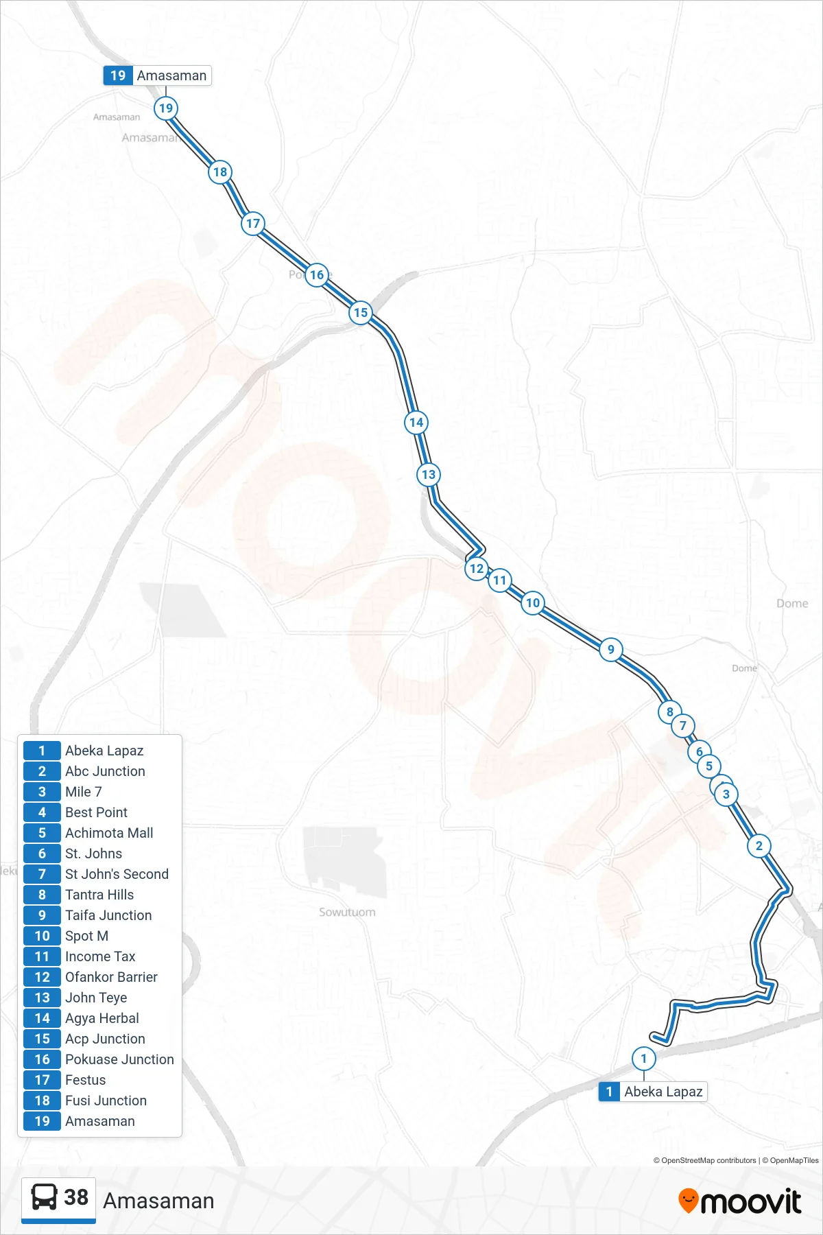38 bus Line (Amasaman) route and stops on a map
