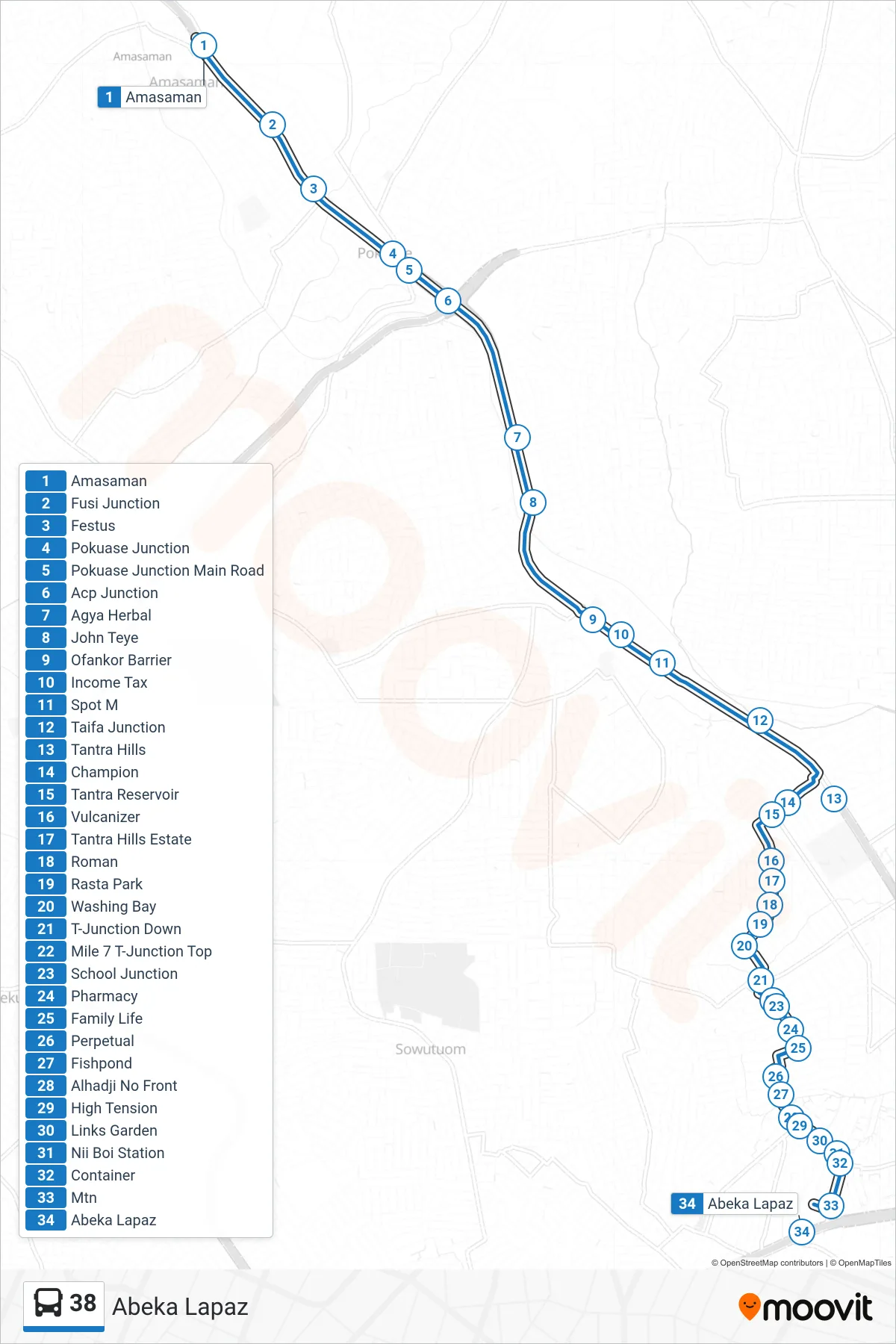 38 bus Line (Abeka Lapaz) route and stops on a map