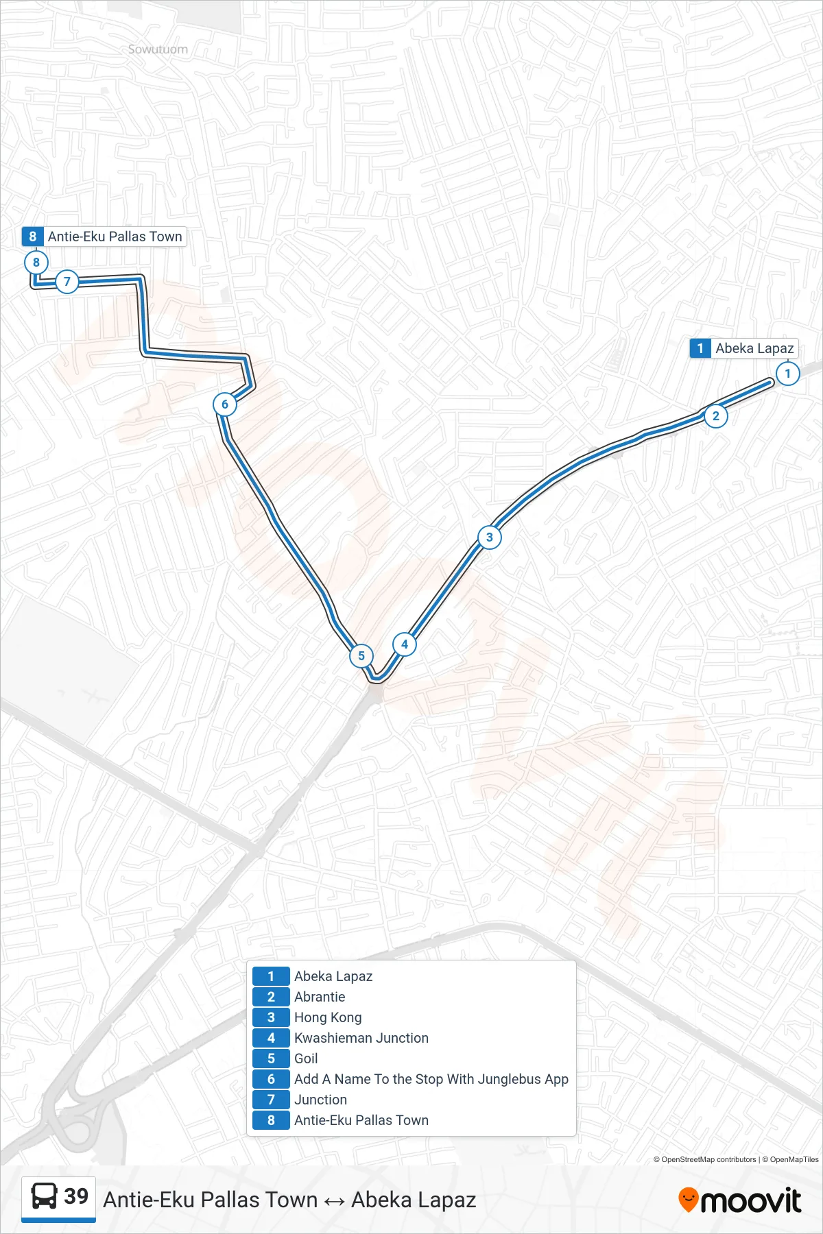39 bus Line (Antie-Eku Pallas Town) route and stops on a map