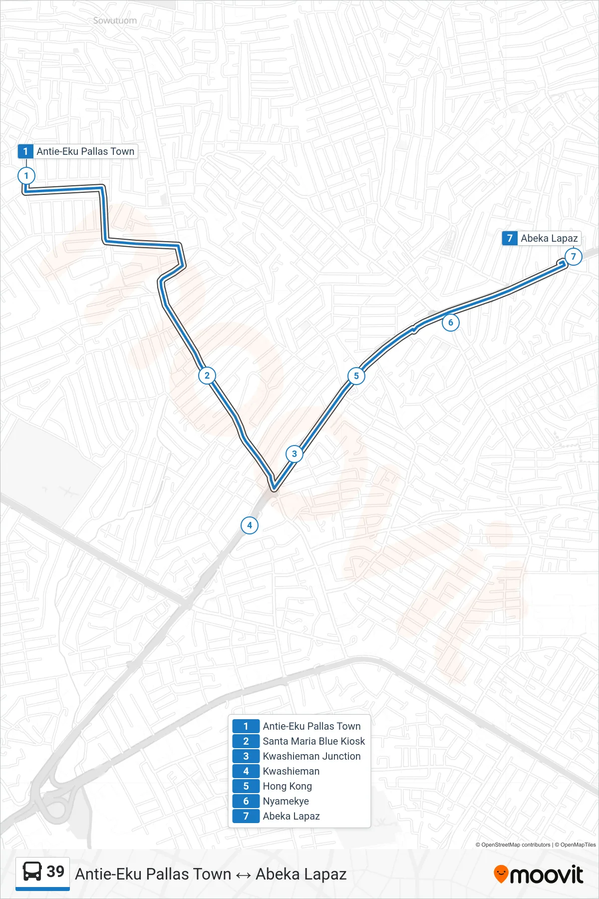 39 bus Line (Abeka Lapaz) route and stops on a map