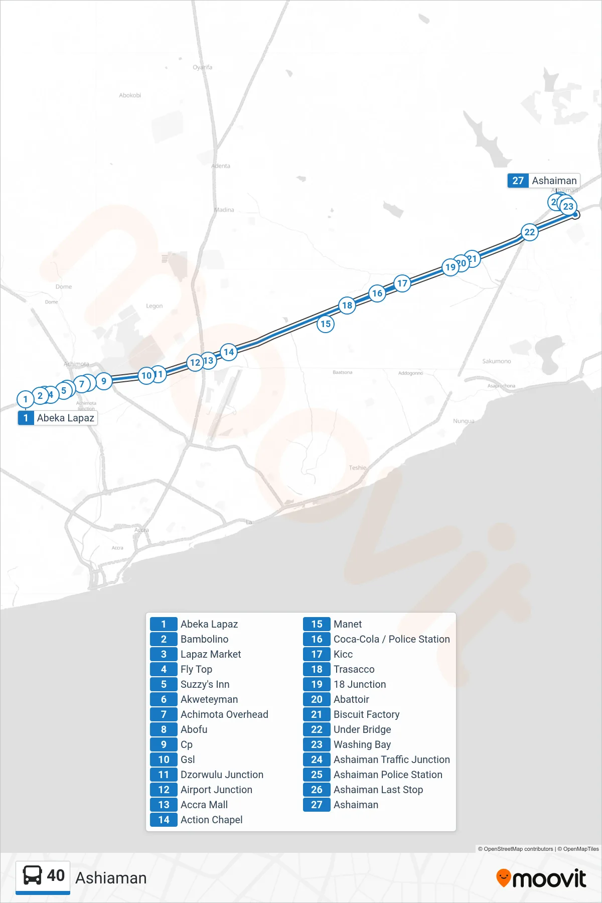 40 bus Line (Ashiaman) route and stops on a map