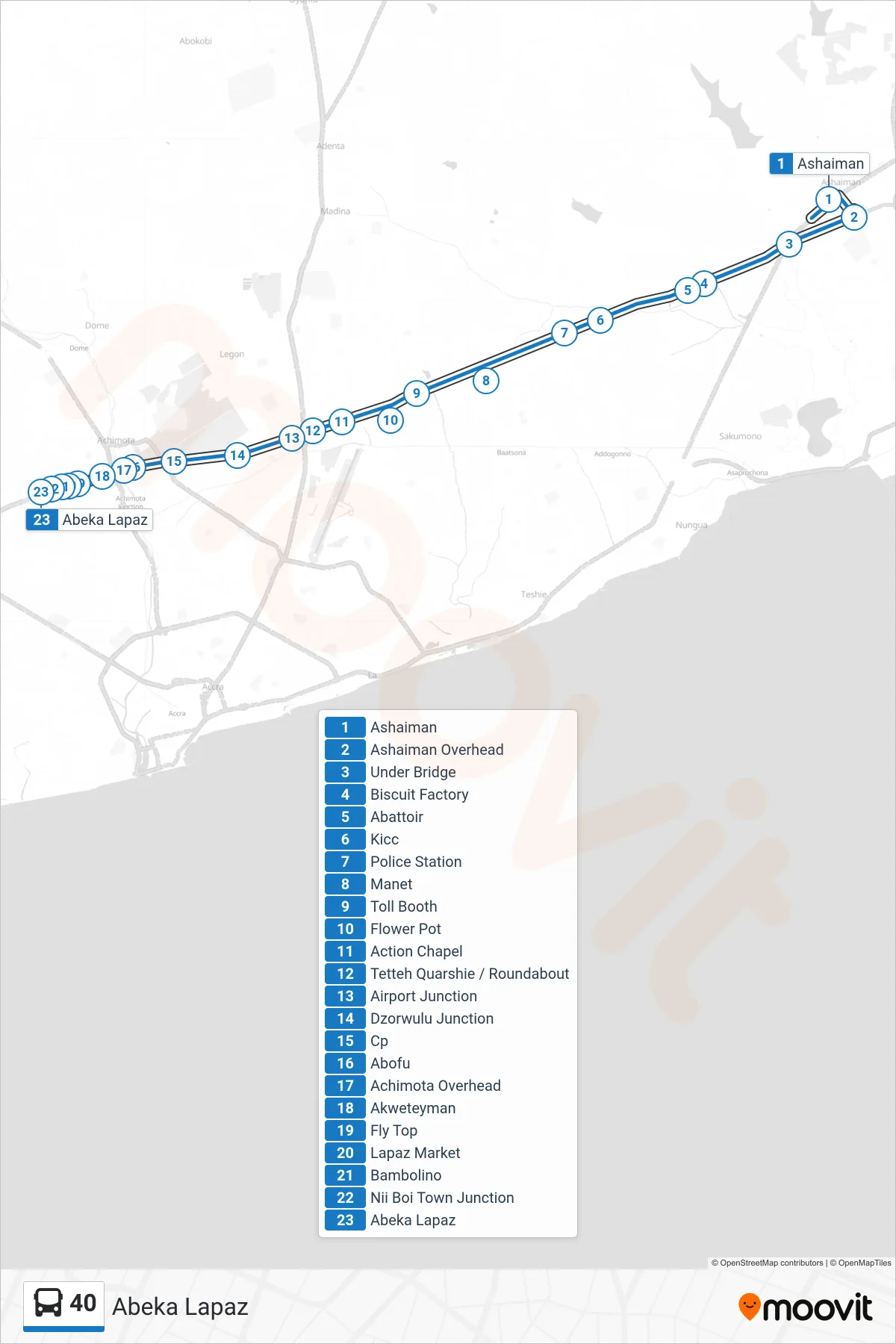 40 bus Line (Abeka Lapaz) route and stops on a map