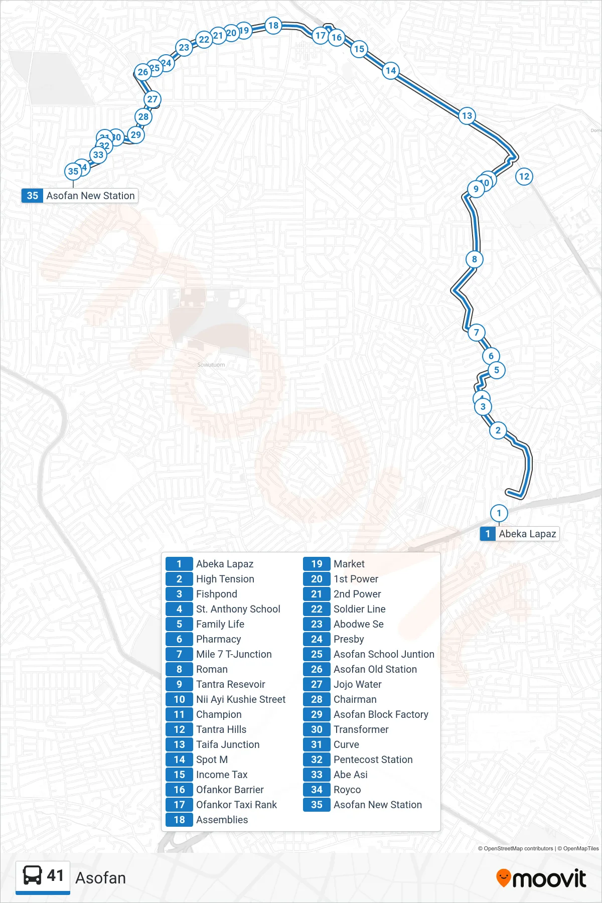41 bus Line (Asofan) route and stops on a map