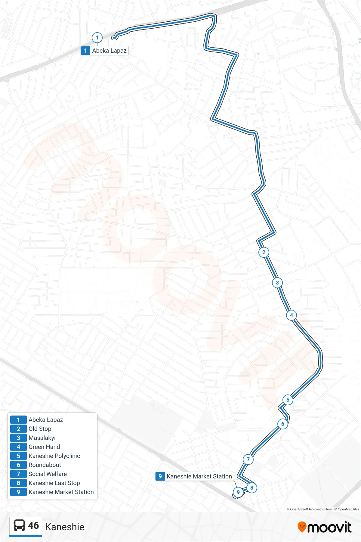46 bus Line (Kaneshie) route and stops on a map