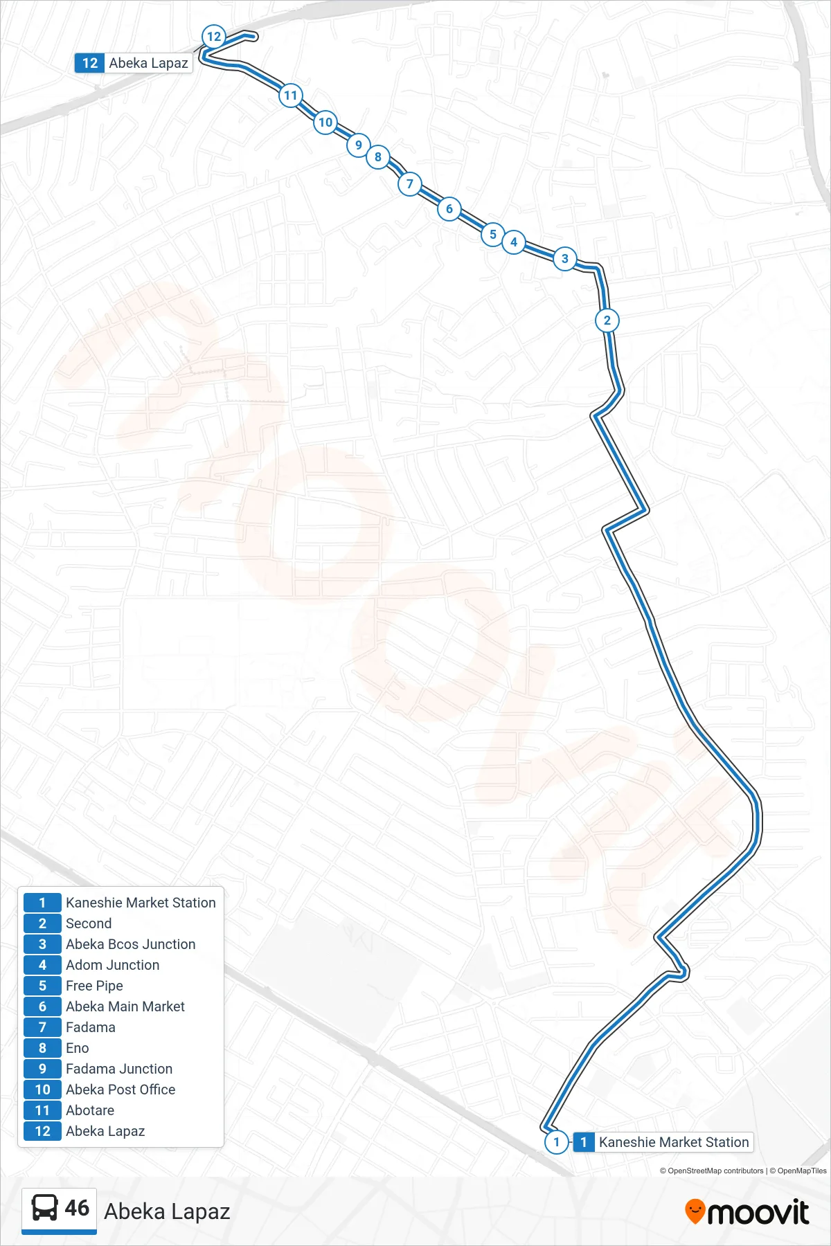 46 bus Line (Abeka Lapaz) route and stops on a map