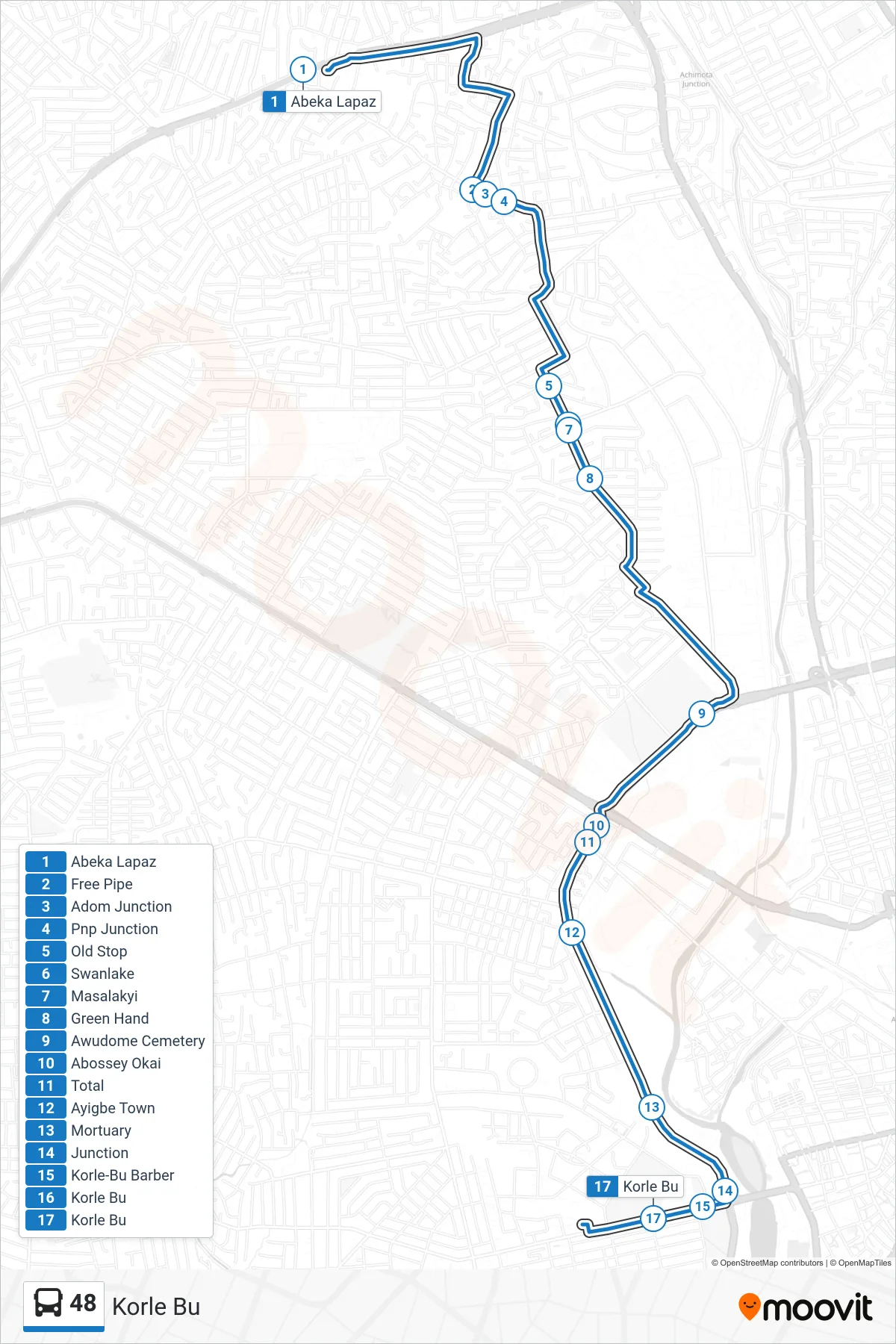 48 bus Line (Korle Bu) route and stops on a map