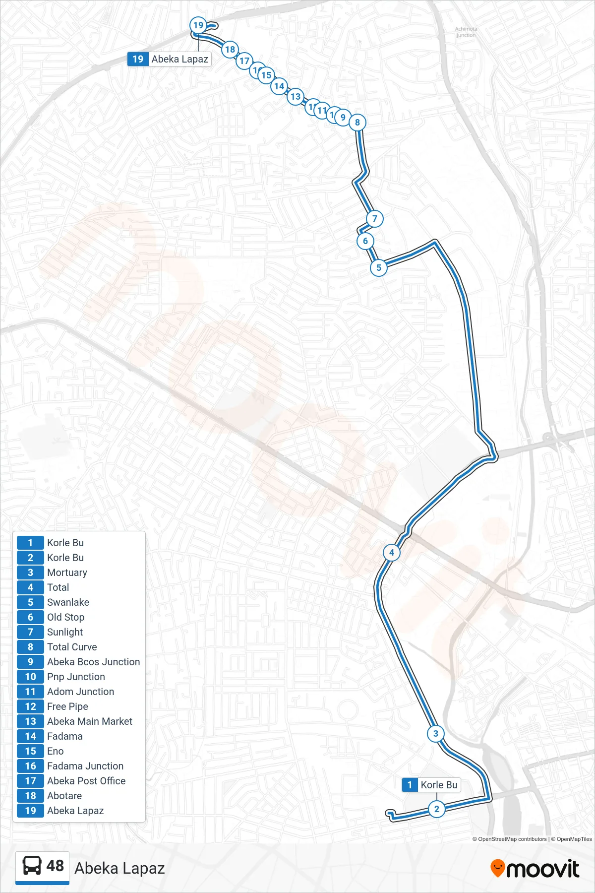 48 bus Line (Abeka Lapaz) route and stops on a map
