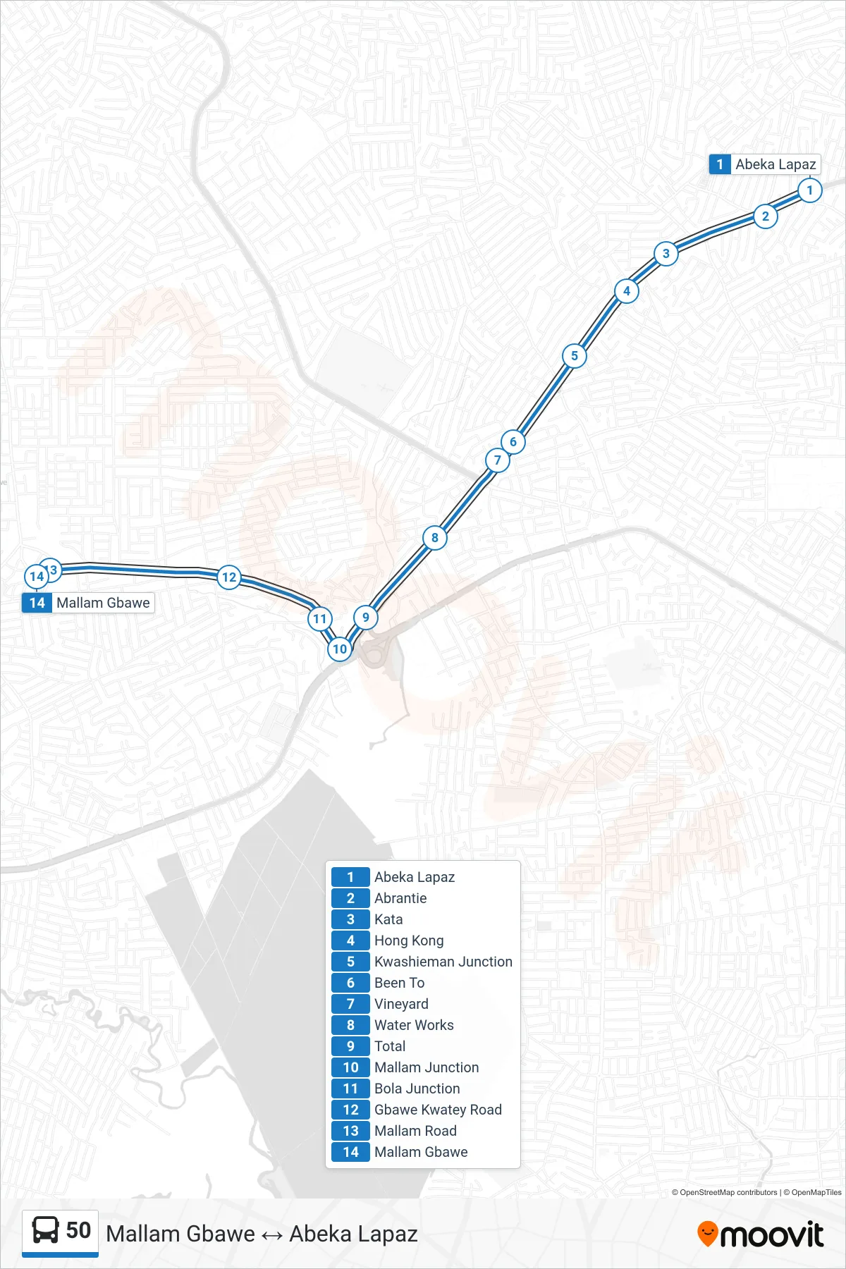 50 bus Line (Mallam Gbawe) route and stops on a map
