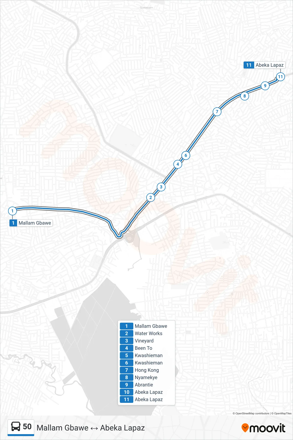 50 bus Line (Abeka Lapaz) route and stops on a map