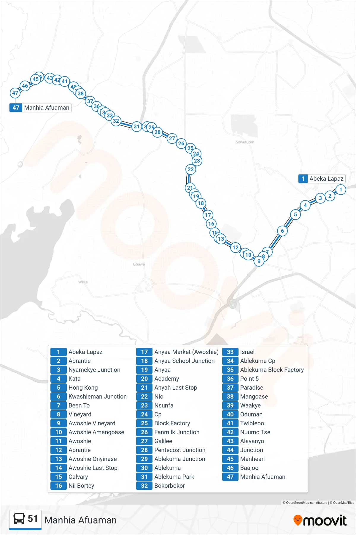51 bus Line (Manhia Afuaman) route and stops on a map