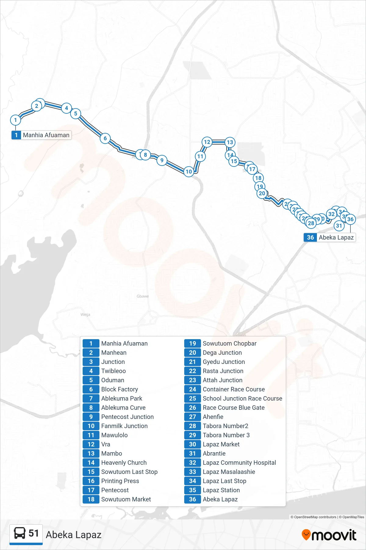 51 bus Line (Abeka Lapaz) route and stops on a map