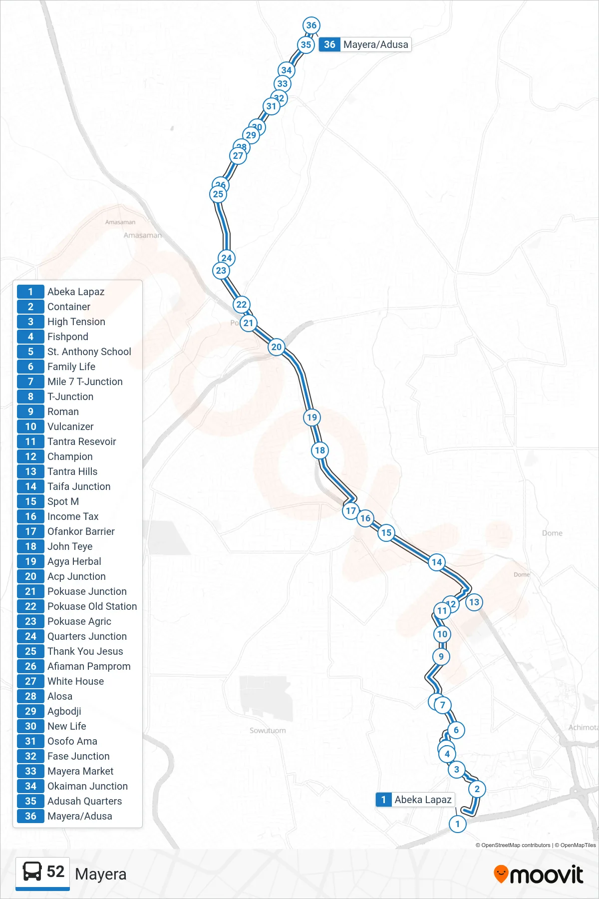 52 bus Line (Mayera) route and stops on a map