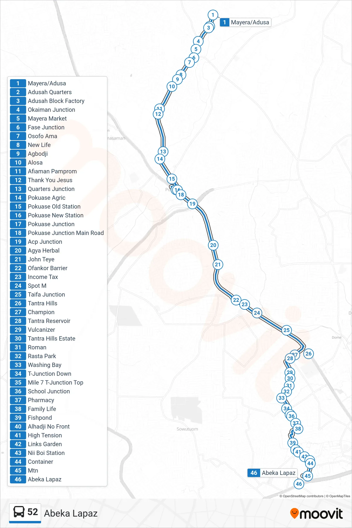 52 bus Line (Abeka Lapaz) route and stops on a map