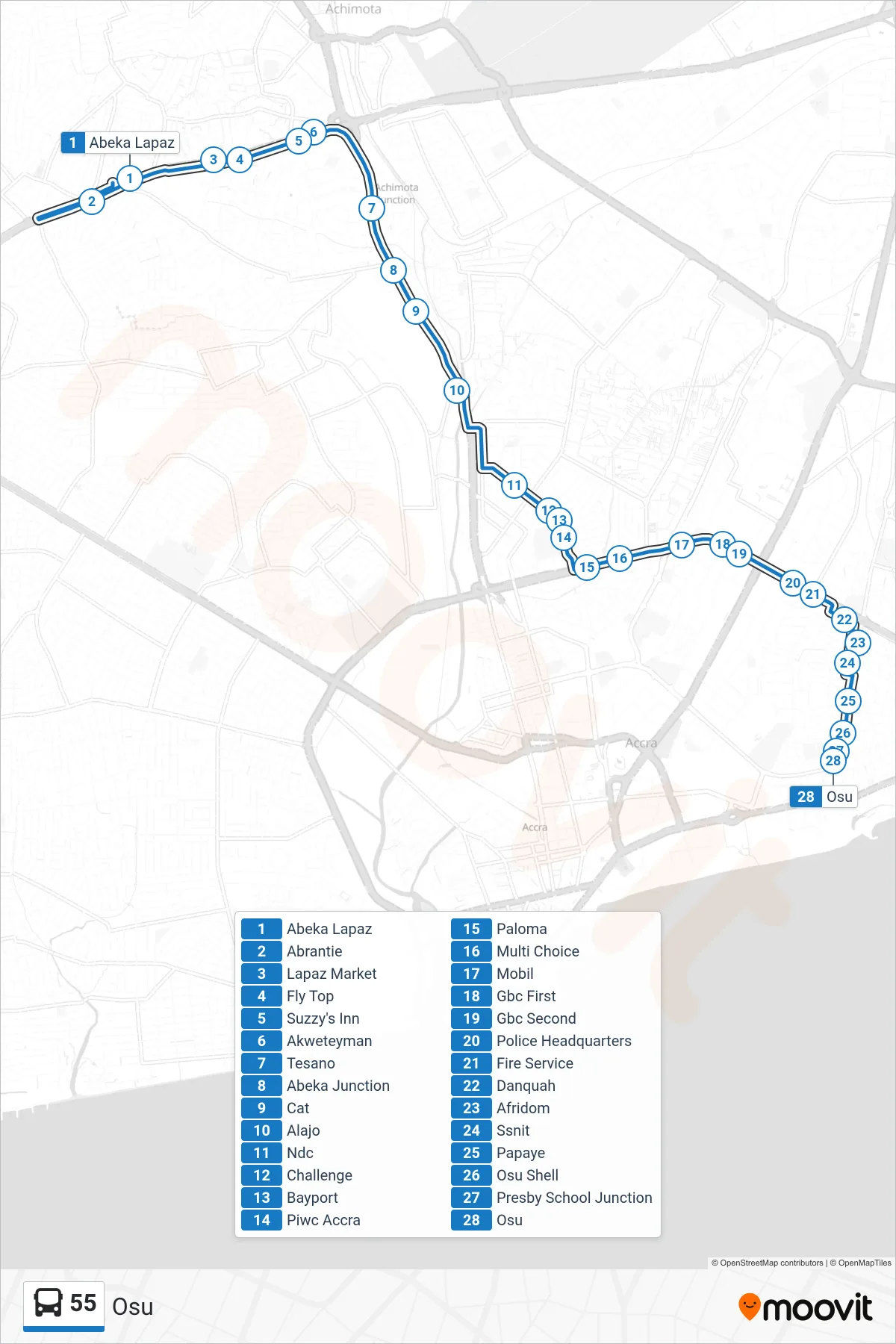55 bus Line (Osu) route and stops on a map