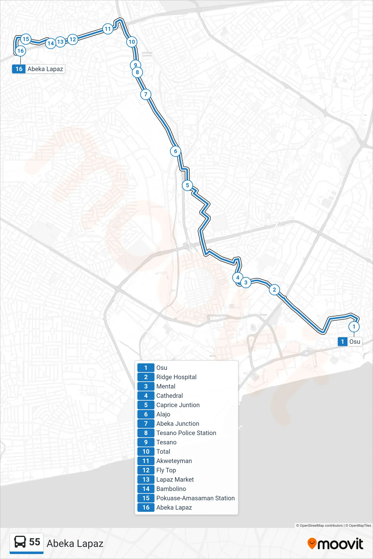 55 bus Line (Abeka Lapaz) route and stops on a map