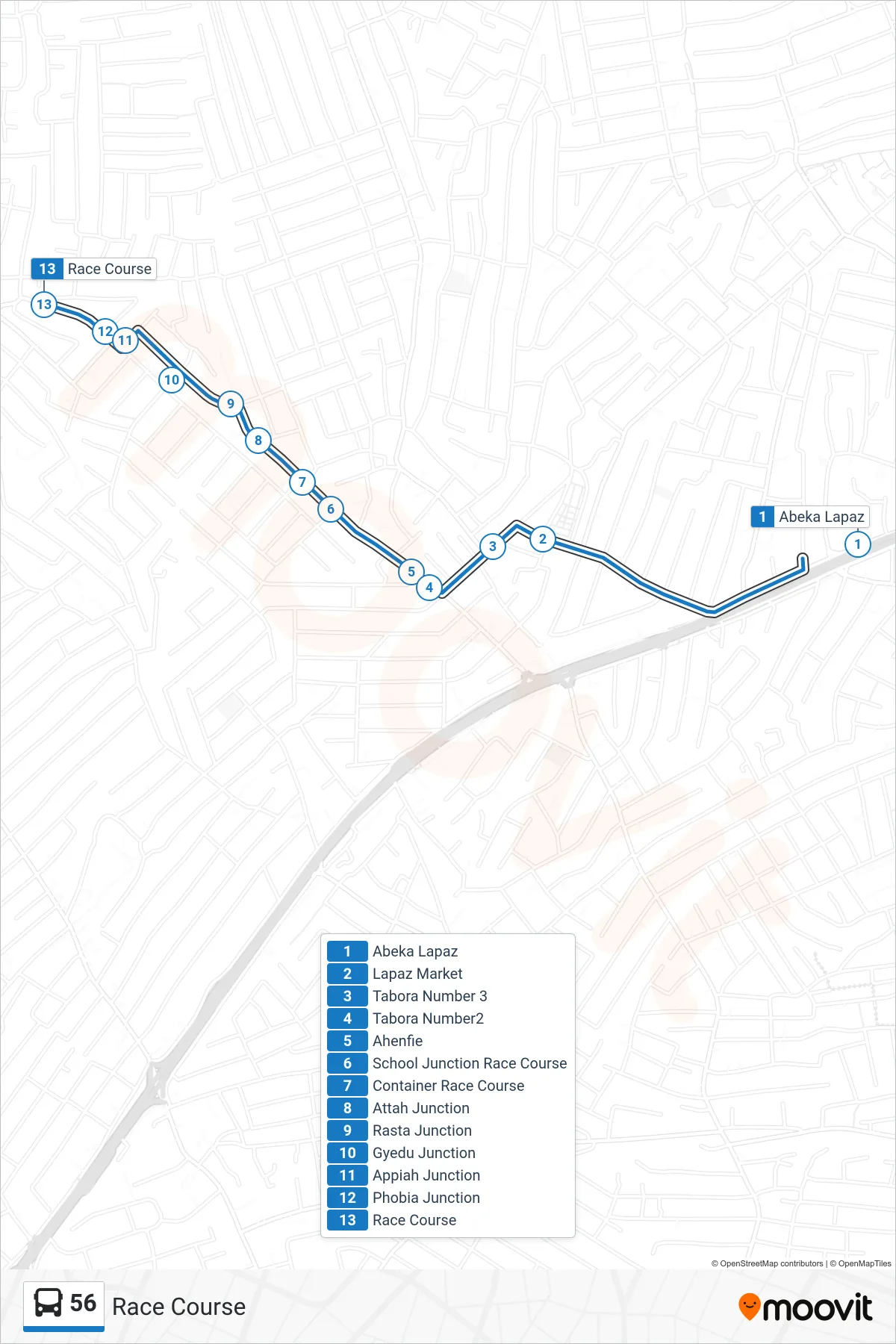 56 bus Line (Race Course) route and stops on a map