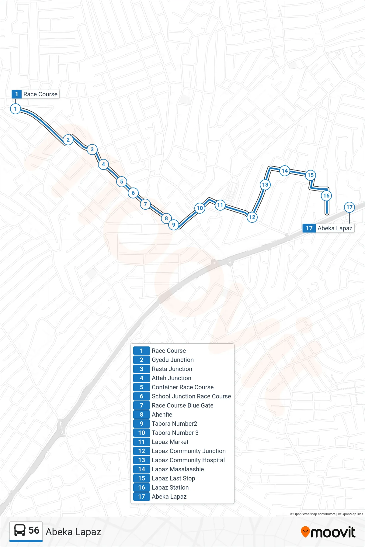 56 bus Line (Abeka Lapaz) route and stops on a map
