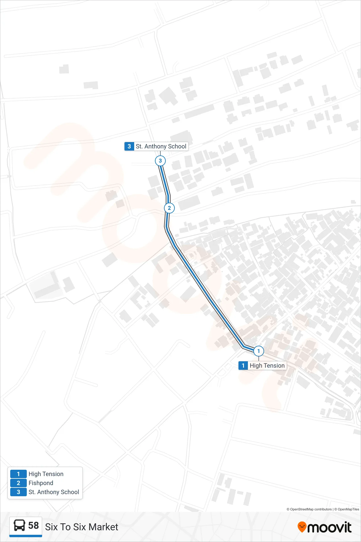 58 bus Line (Six To Six Market) route and stops on a map