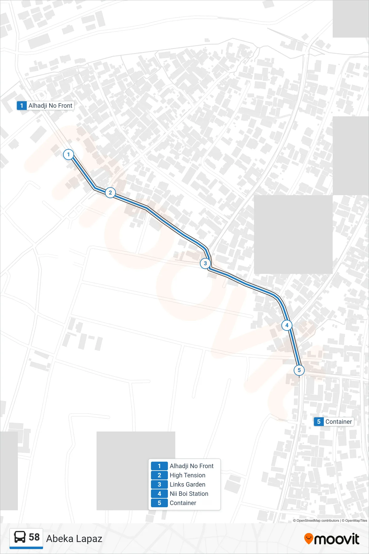 58 bus Line (Abeka Lapaz) route and stops on a map
