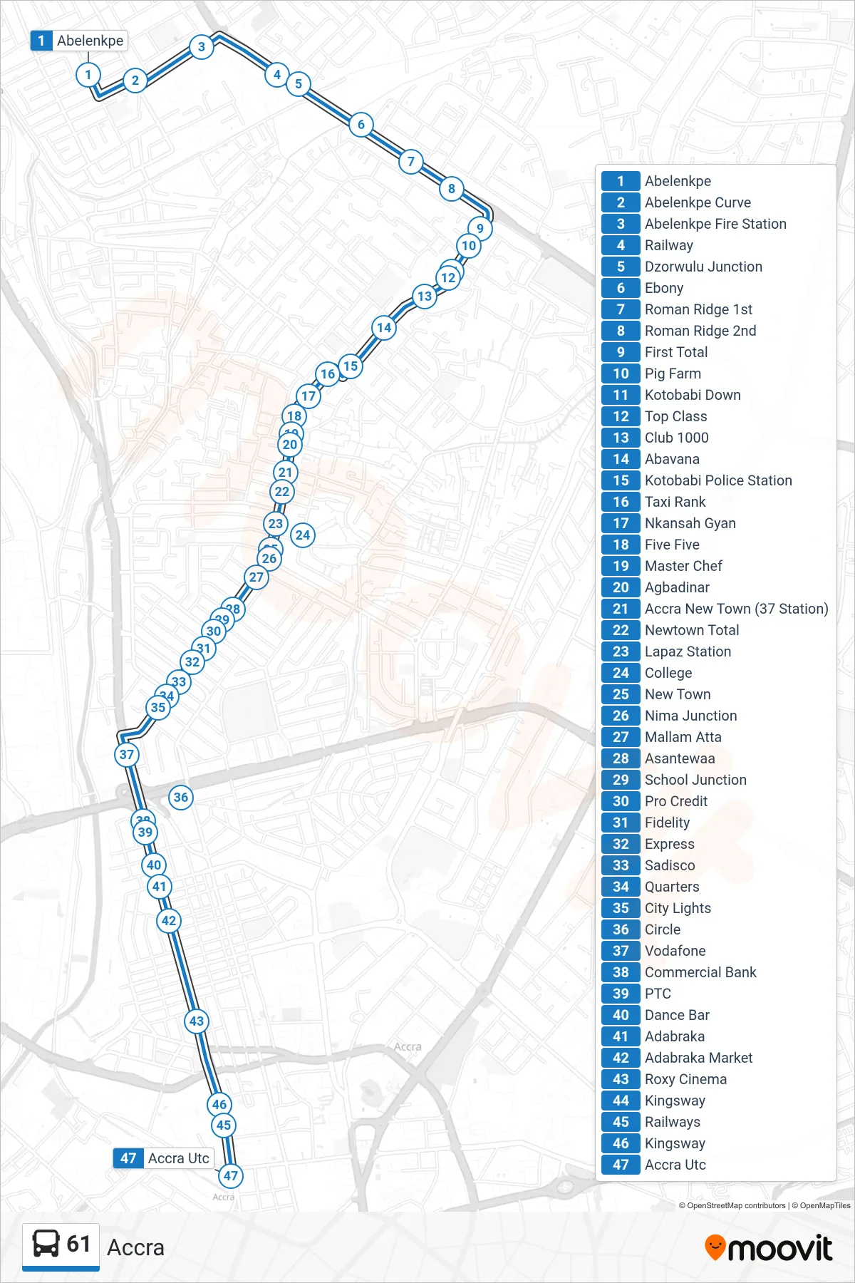 61 bus Line (Accra) route and stops on a map