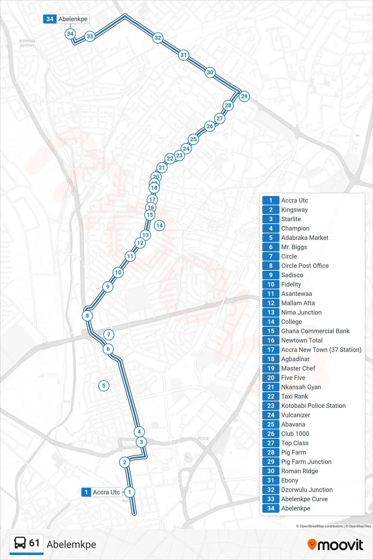 61 bus Line (Abelemkpe) route and stops on a map