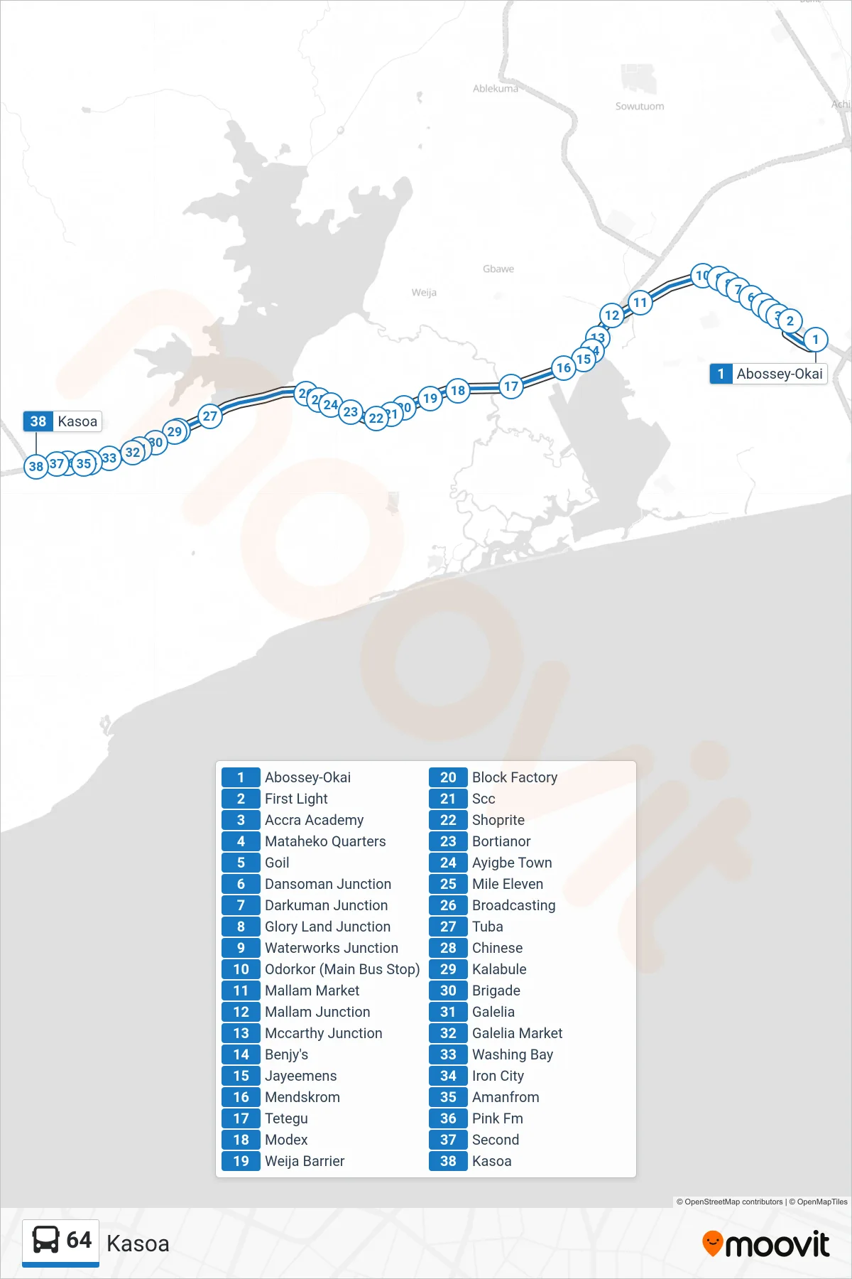 64 bus Line (Kasoa) route and stops on a map